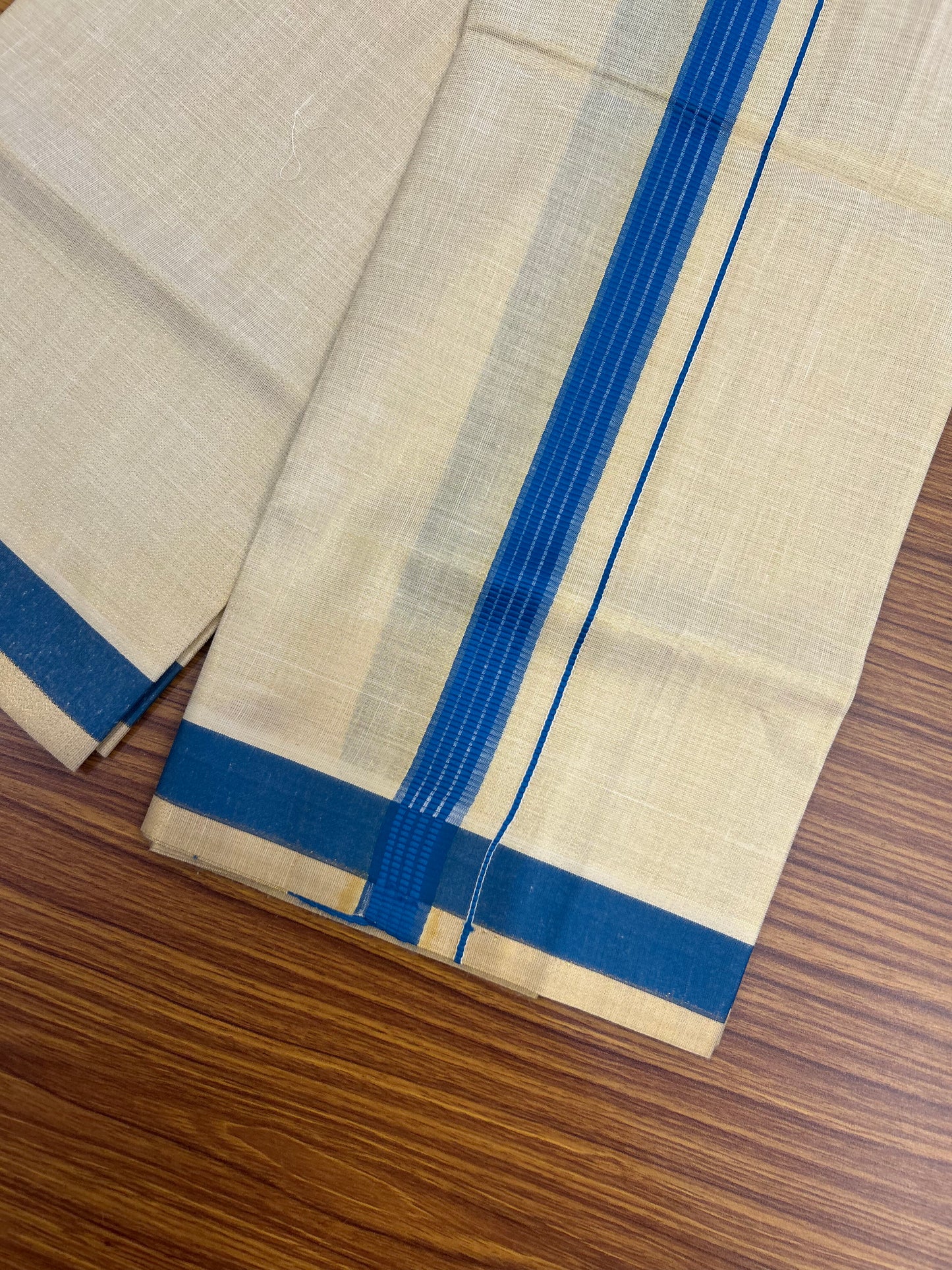 Single Tissue - KaithariKada Balaramapuram Tissue Single Dhoti/Mund Mixed Cotton - 70x30 - 1.75 inch Gold Kasav & Blue Stripes Kara (2 meter / 4 muzham) - 3 KK8052 PMC