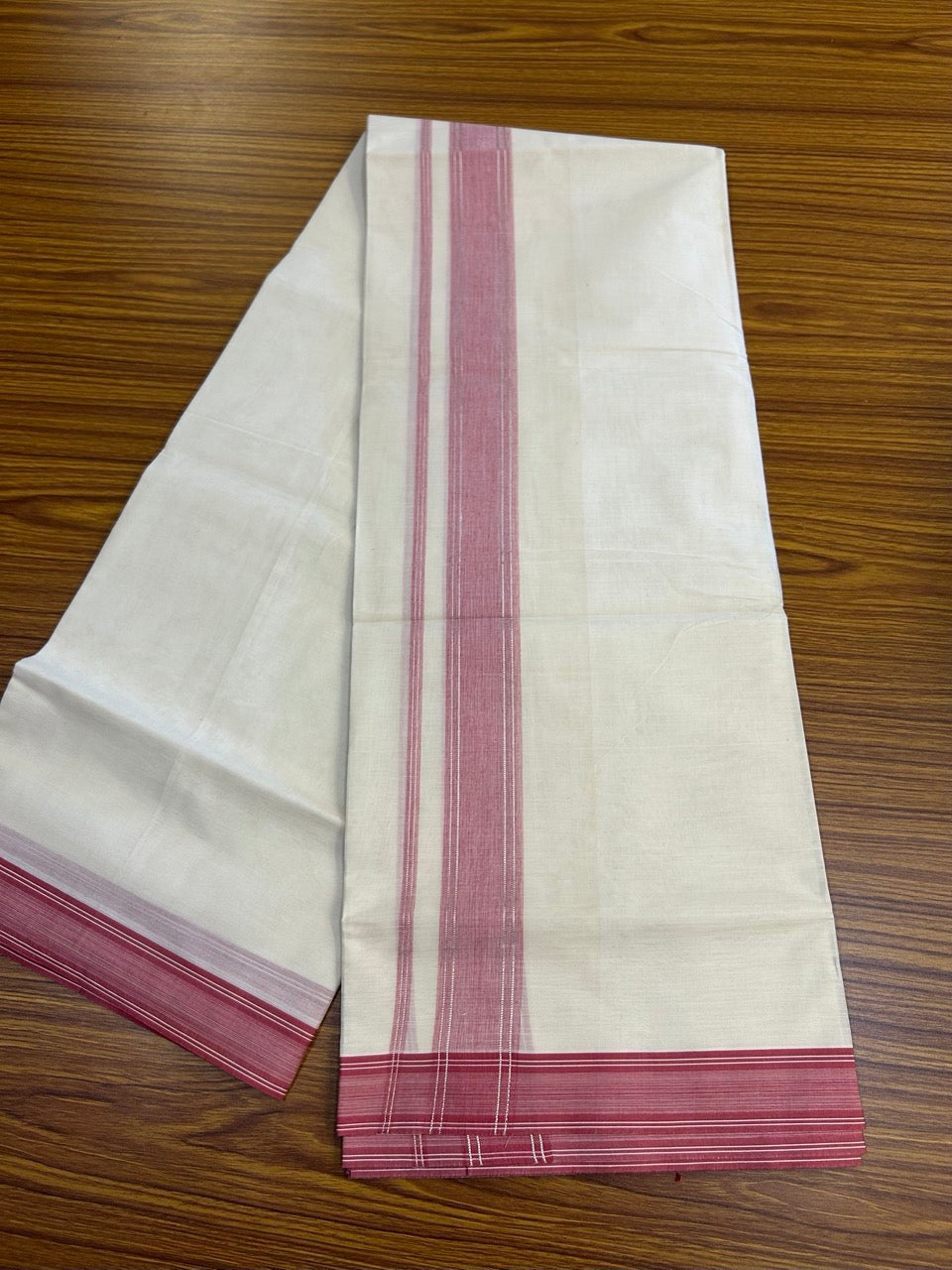 20% Discount ! KaithariKada Balaramapuram 100% Cotton Double OFF WHITE (unbleached) Mundu/Dhoti- 100x80- 1.75 inch Silver Kasavu & Rose Pink Striped Kara 4 mtr (8.5 muzham) - 40 KK5251 PMC