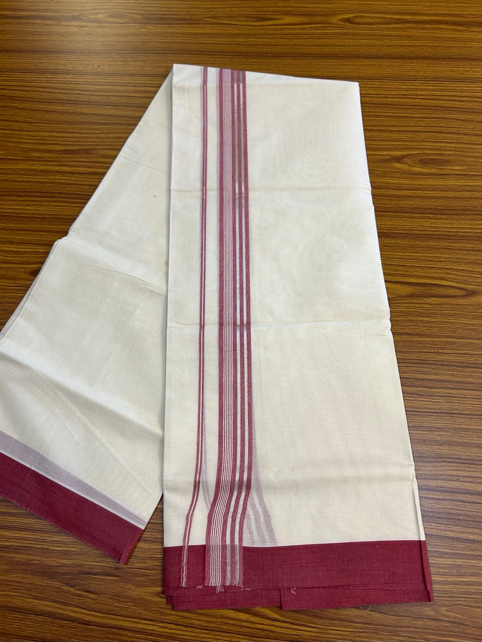 20% Discount ! KaithariKada Balaramapuram 100% Cotton Double OFF WHITE (unbleached) Mundu/Dhoti- 100x80- 1.25 inch Silver Kasavu & Maroon Striped Kara 4 mtr (8.5 muzham) - 41 KK5251 PMC