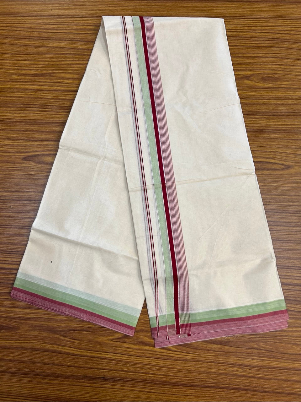 20% Discount ! KaithariKada Balaramapuram 100% Cotton Double OFF WHITE (unbleached) Mundu/Dhoti- 100x80- 1.75 inch Silver Kasavu Light Green & Maroon Striped Shaded Kara 4 mtr (8.5 muzham) - 42 KK5251 PMC