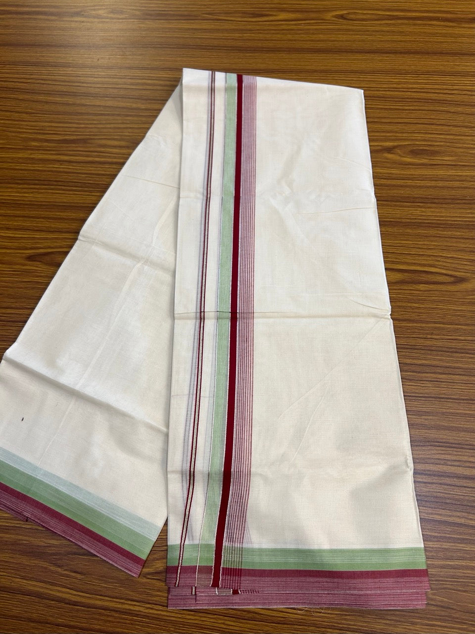 20% Discount ! KaithariKada Balaramapuram 100% Cotton Double OFF WHITE (unbleached) Mundu/Dhoti- 100x80- 1.75 inch Silver Kasavu Light Green & Maroon Striped Shaded Kara 4 mtr (8.5 muzham) - 42 KK5251 PMC