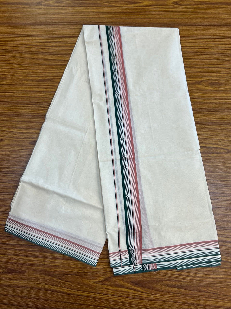 20% Discount ! KaithariKada Balaramapuram 100% Cotton Double OFF WHITE (unbleached) Mundu/Dhoti- 100x80- 1.5 inch Silver Kasavu Green & Dusty Pink Striped Kara 4 mtr (8.5 muzham) - 54 KK5251 PMC