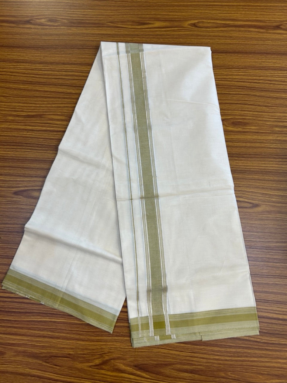 20% Discount ! KaithariKada Balaramapuram 100% Cotton Double OFF WHITE (unbleached) Mundu/Dhoti- 100x80- 1.5 inch Silver Kasavu Striped & Mustard Yellow Shaded Kara 4 mtr (8.5 muzham) - 43 KK5251 PMC
