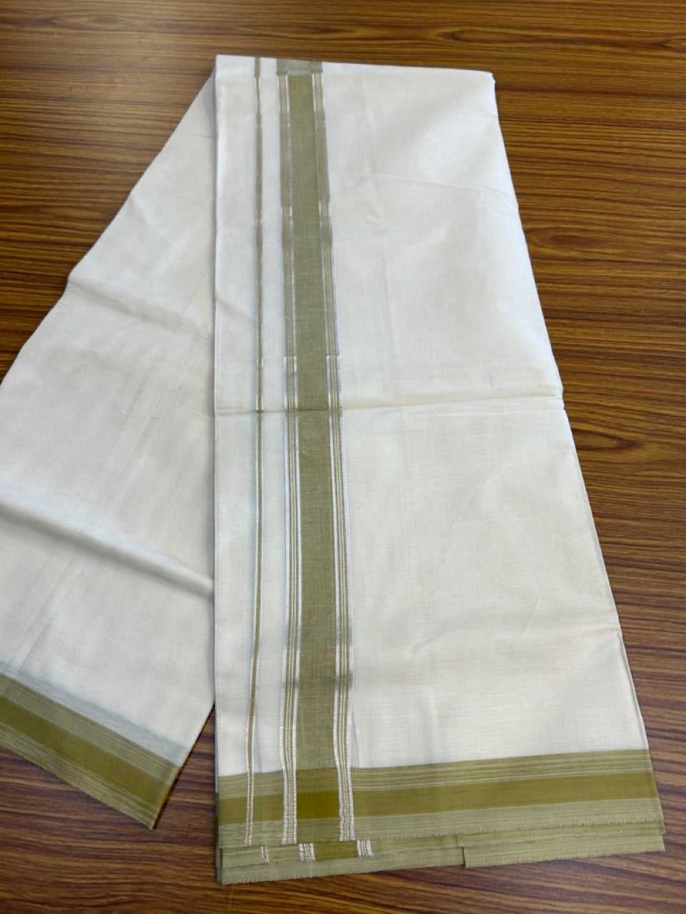 20% Discount ! KaithariKada Balaramapuram 100% Cotton Double OFF WHITE (unbleached) Mundu/Dhoti- 100x80- 1.5 inch Silver Kasavu Striped & Mustard Yellow Shaded Kara 4 mtr (8.5 muzham) - 43 KK5251 PMC