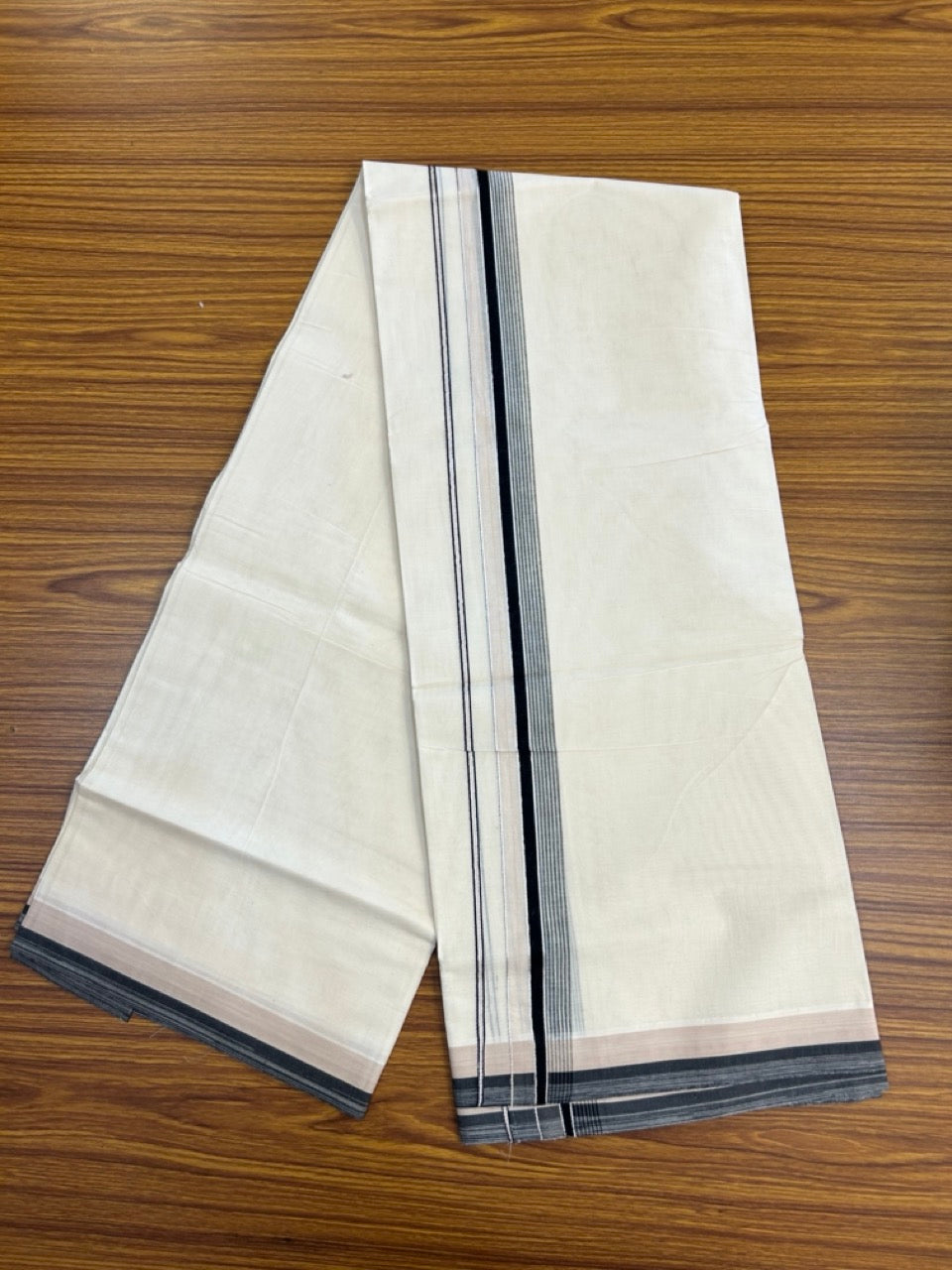 20% Discount ! KaithariKada Balaramapuram 100% Cotton Double OFF WHITE (unbleached) Mundu/Dhoti- 100x80- 1.75 inch Silver Kasavu Cream & Black Striped Kara 4 mtr (8.5 muzham) - 44 KK5251 PMC