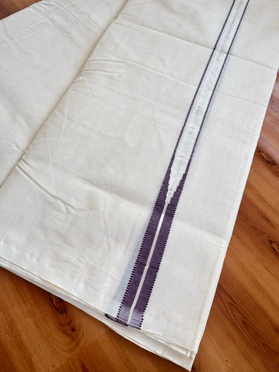 Double Off white Kerala Mundu / Dhoti - 20% Discount! KaithariKada 100% Cotton - 100x100 - Muthukuri Coffee Brown Chutty & Silver Kasav kara 4 mtr (8.5 muzham) - 11 KK5486 ASH