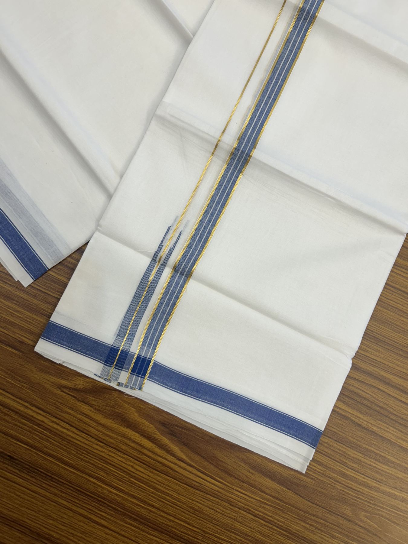 20% Discount!! Kaitharikada Balaramapuram 100% Pure Cotton Pure White Double Mundu/Dothi - 100x80 - 1.5 cm Blue & Gold Kasav Shaded Puliyilakkara One Side Chutty Kara 3.90 m (8 muzham) - 21 KK5318 CKS