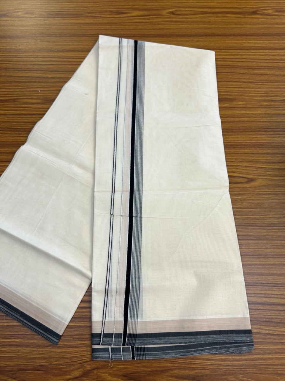 20% Discount ! KaithariKada Balaramapuram 100% Cotton Double OFF WHITE (unbleached) Mundu/Dhoti- 100x80- 1.75 inch Silver Kasavu Cream & Black Striped Kara 4 mtr (8.5 muzham) - 44 KK5251 PMC