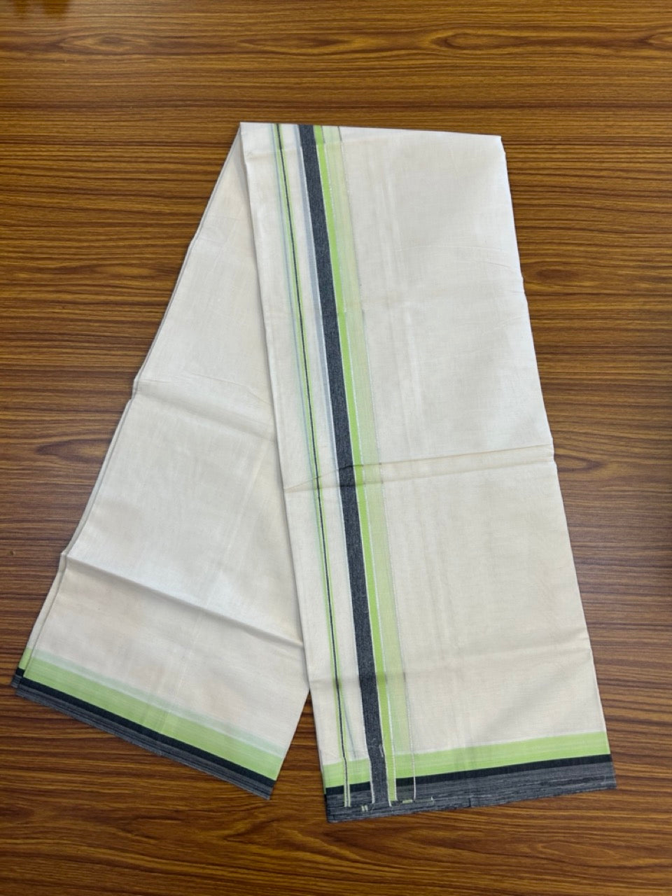 20% Discount ! KaithariKada Balaramapuram 100% Cotton Double OFF WHITE (unbleached) Mundu/Dhoti- 100x80- 1.5 inch Silver Kasavu Parrot Green & Black Shaded Kara 4 mtr (8.5 muzham) - 45 KK5251 PMC