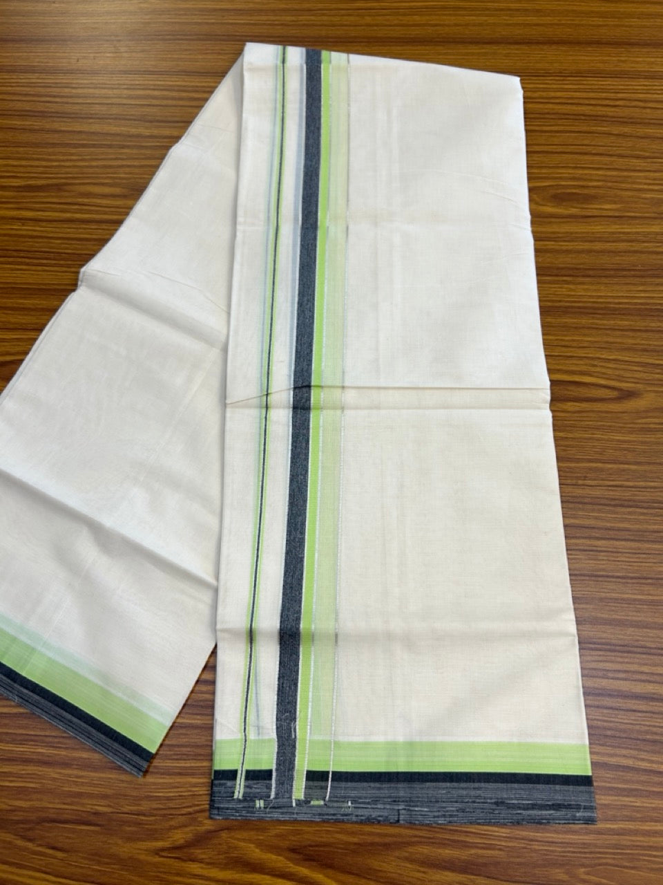 20% Discount ! KaithariKada Balaramapuram 100% Cotton Double OFF WHITE (unbleached) Mundu/Dhoti- 100x80- 1.5 inch Silver Kasavu Parrot Green & Black Shaded Kara 4 mtr (8.5 muzham) - 45 KK5251 PMC
