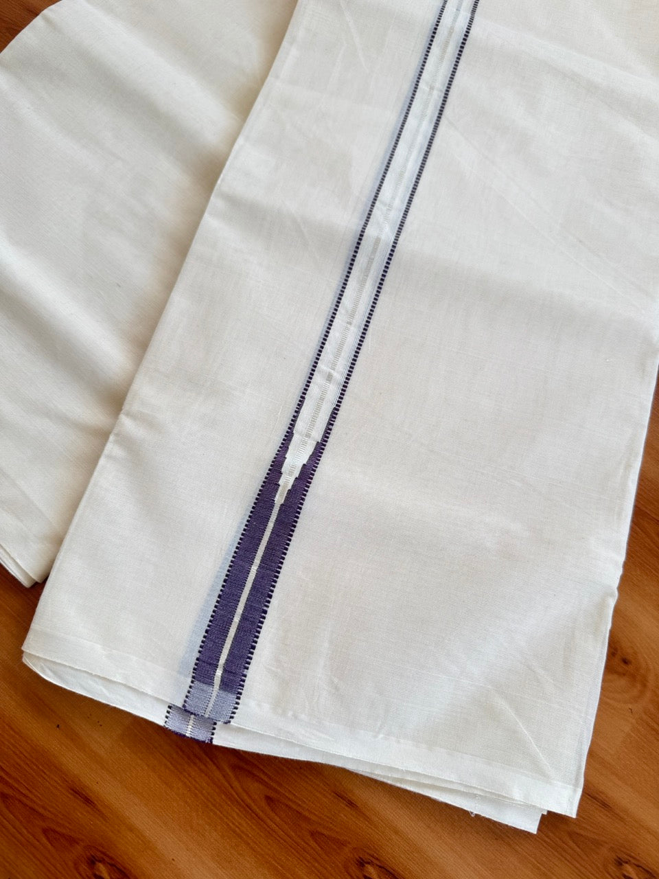 Double Off white Kerala Mundu / Dhoti - 20% Discount! KaithariKada 100% Cotton - 100x100 - Muthukuri Dark Violet Chutty & Silver Kasav kara 4 mtr (8.5 muzham) - 12 KK5486 ASH