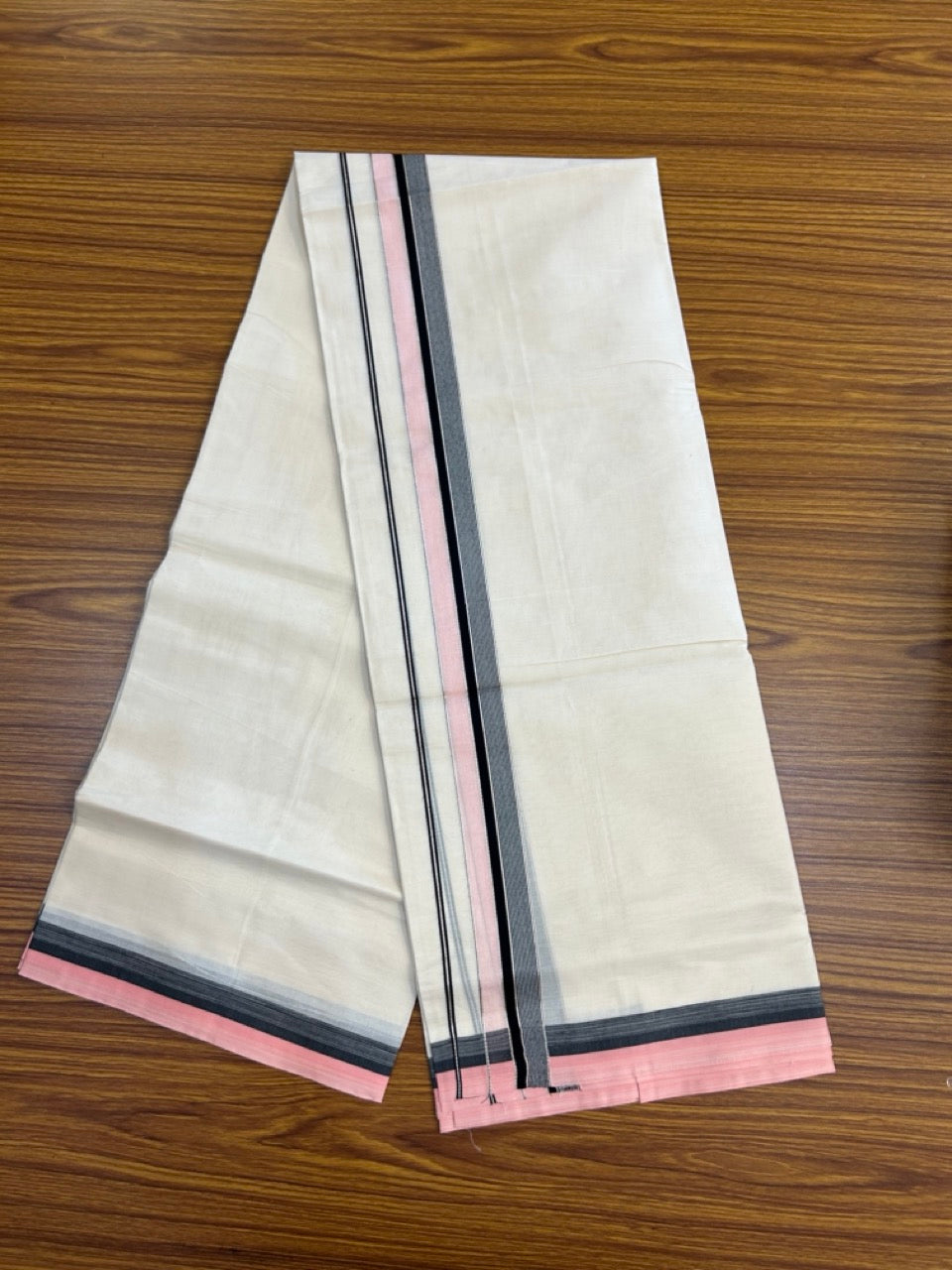 20% Discount ! KaithariKada Balaramapuram 100% Cotton Double OFF WHITE (unbleached) Mundu/Dhoti- 100x80- 1.5 inch Silver Kasavu Pink & Black Striped Kara 4 mtr (8.5 muzham) - 46 KK5251 PMC