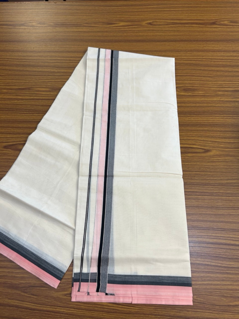 20% Discount ! KaithariKada Balaramapuram 100% Cotton Double OFF WHITE (unbleached) Mundu/Dhoti- 100x80- 1.5 inch Silver Kasavu Pink & Black Striped Kara 4 mtr (8.5 muzham) - 46 KK5251 PMC