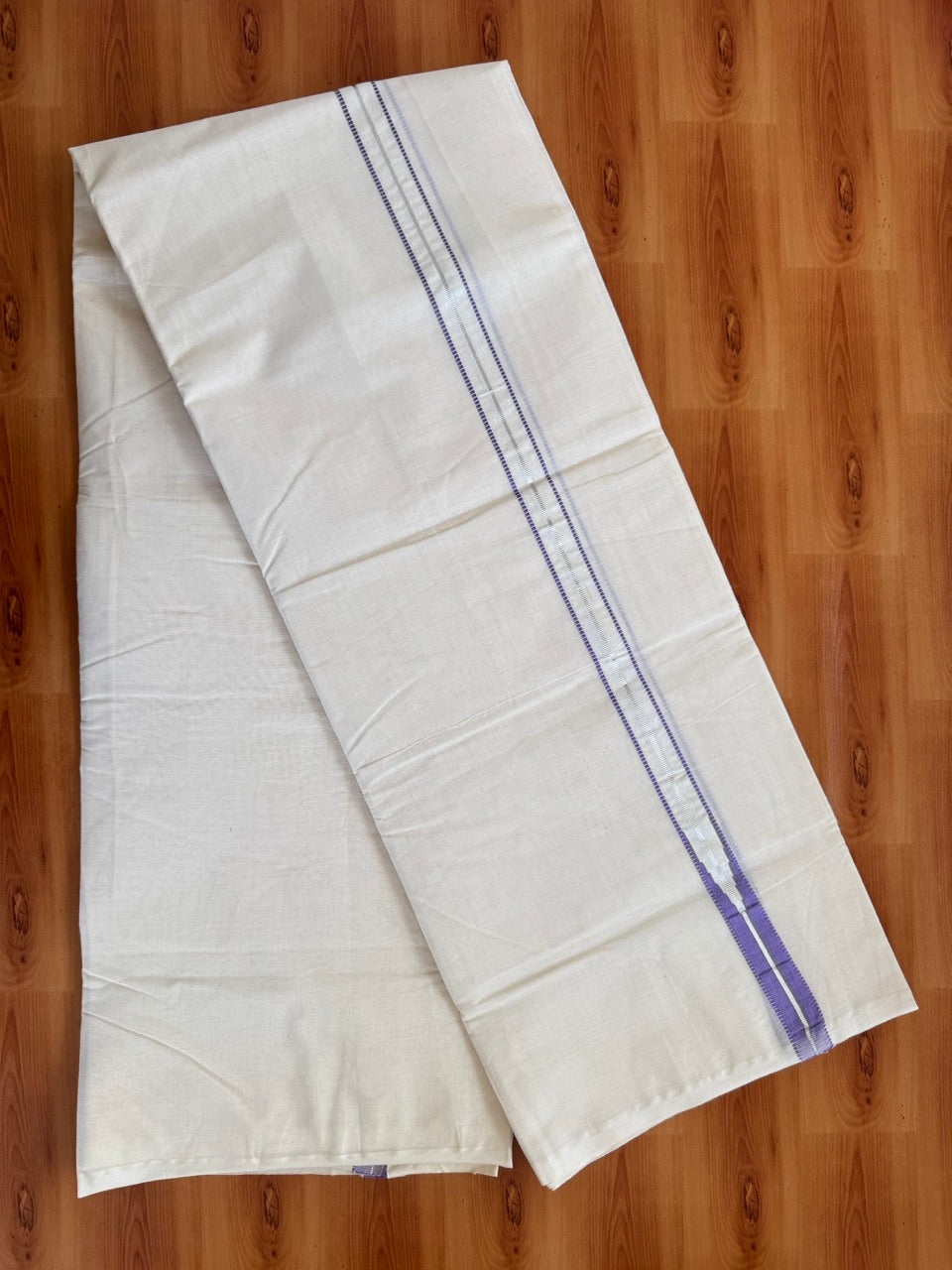 Double Off white Kerala Mundu / Dhoti - 20% Discount! KaithariKada 100% Cotton - 100x100 - Muthukuri Lavender Violet Chutty & Silver Kasav kara 4 mtr (8.5 muzham) - 8 KK5486 ASH