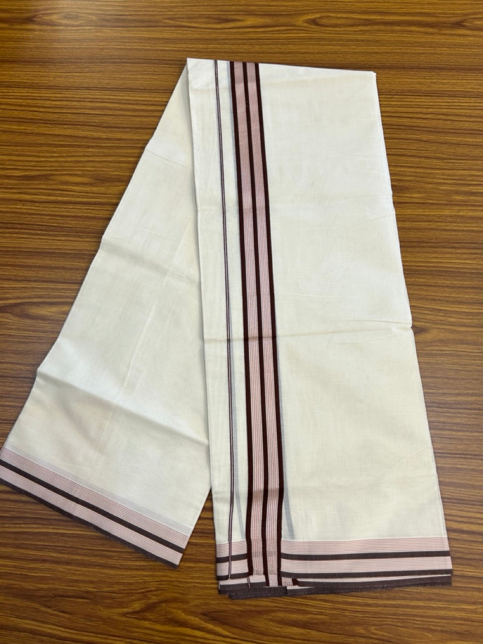 20% Discount ! KaithariKada Balaramapuram 100% Cotton Double OFF WHITE (unbleached) Mundu/Dhoti- 100x80- 1.5 inch Silver Kasavu Brown & Dusty Pink Striped Kara 4 mtr (8.5 muzham) - 47 KK5251 PMC