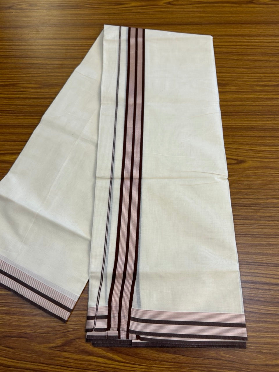 20% Discount ! KaithariKada Balaramapuram 100% Cotton Double OFF WHITE (unbleached) Mundu/Dhoti- 100x80- 1.5 inch Silver Kasavu Brown & Dusty Pink Striped Kara 4 mtr (8.5 muzham) - 47 KK5251 PMC