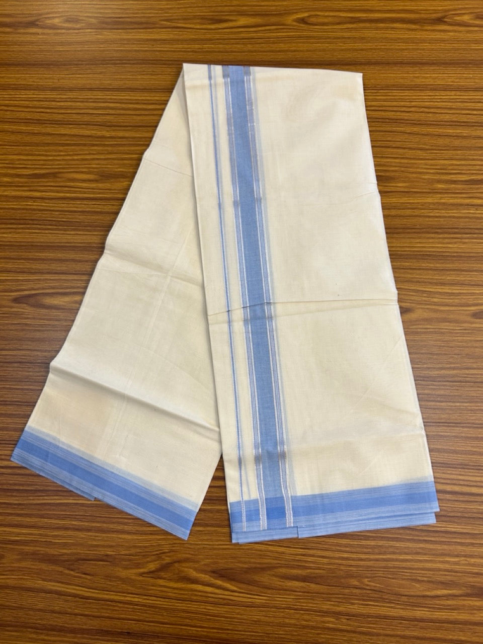 20% Discount ! KaithariKada Balaramapuram 100% Cotton Double OFF WHITE (unbleached) Mundu/Dhoti- 100x80- 1.5 inch Blue & Silver Kasavu Striped Kara 4 mtr (8.5 muzham) - 48 KK5251 PMC