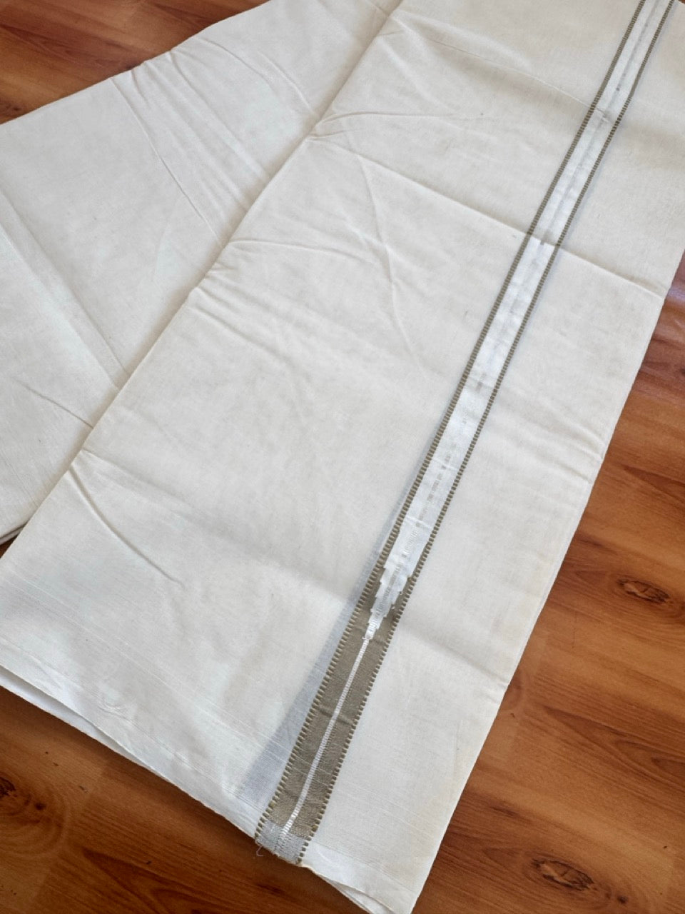 Double Off white Kerala Mundu / Dhoti - 20% Discount! KaithariKada 100% Cotton - 100x100 - Muthukuri Sage Green Chutty & Silver Kasav kara 4 mtr (8.5 muzham) - 13 KK5486 ASH