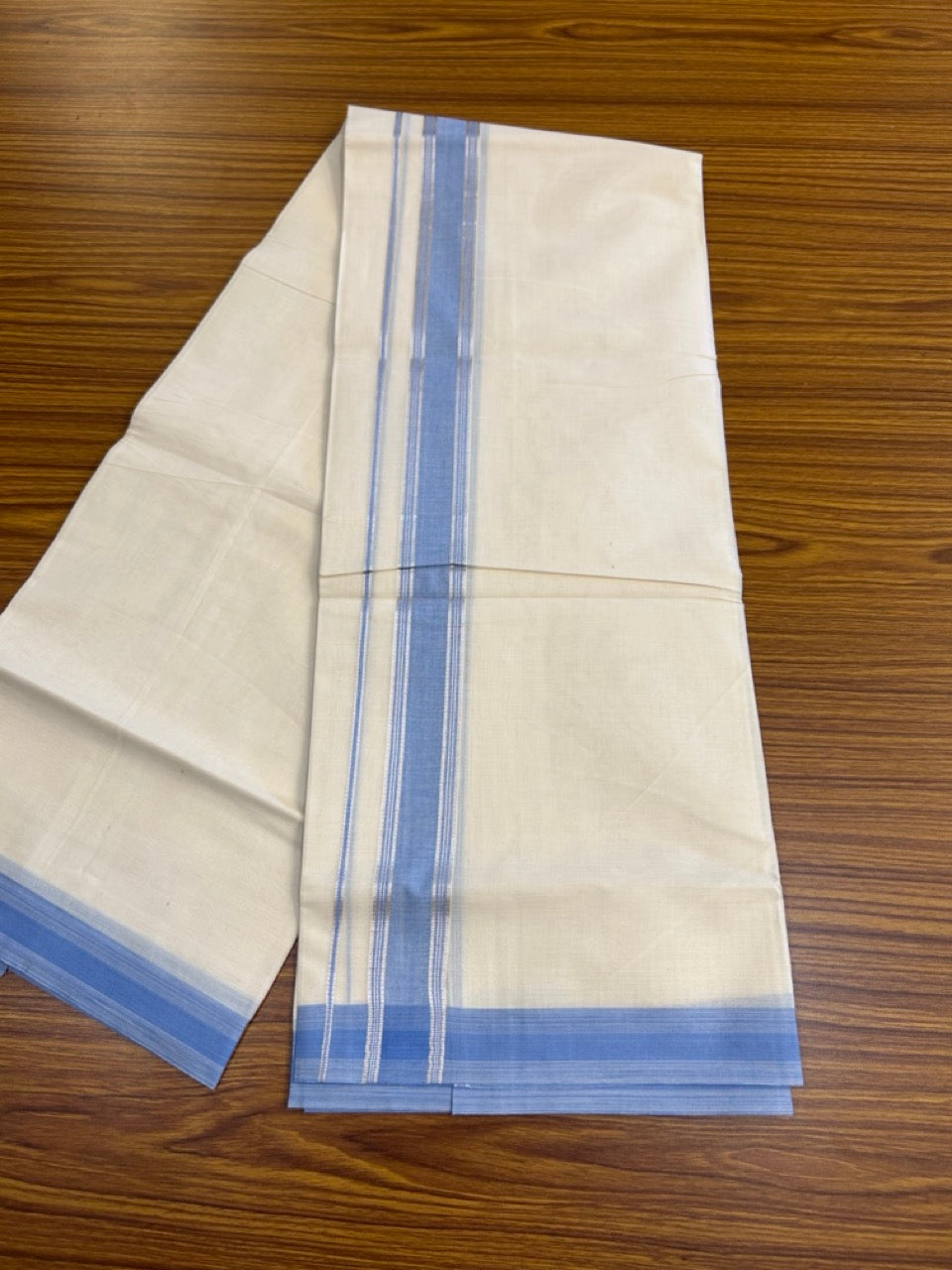 20% Discount ! KaithariKada Balaramapuram 100% Cotton Double OFF WHITE (unbleached) Mundu/Dhoti- 100x80- 1.5 inch Blue & Silver Kasavu Striped Kara 4 mtr (8.5 muzham) - 48 KK5251 PMC