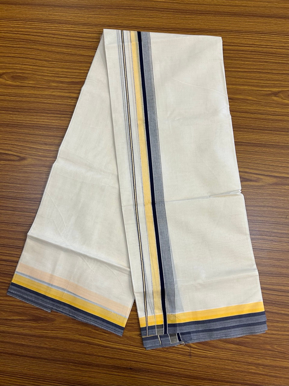 20% Discount ! KaithariKada Balaramapuram 100% Cotton Double OFF WHITE (unbleached) Mundu/Dhoti- 100x80- 1.5 inch Silver Kasavu Yellow & Navy Blue Striped Kara 4 mtr (8.5 muzham) - 49 KK5251 PMC