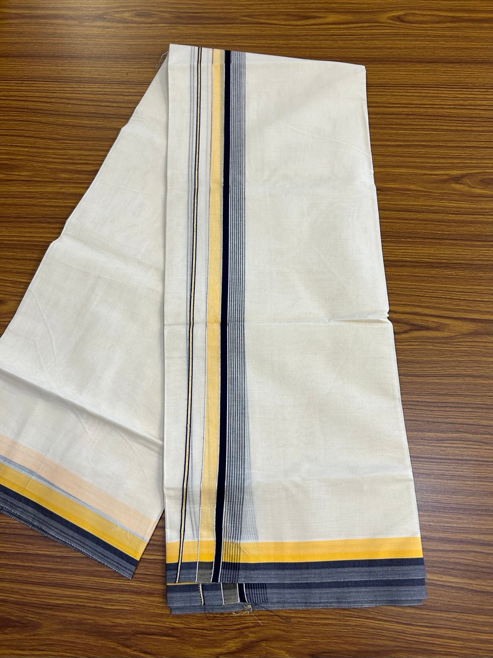 20% Discount ! KaithariKada Balaramapuram 100% Cotton Double OFF WHITE (unbleached) Mundu/Dhoti- 100x80- 1.5 inch Silver Kasavu Yellow & Navy Blue Striped Kara 4 mtr (8.5 muzham) - 49 KK5251 PMC