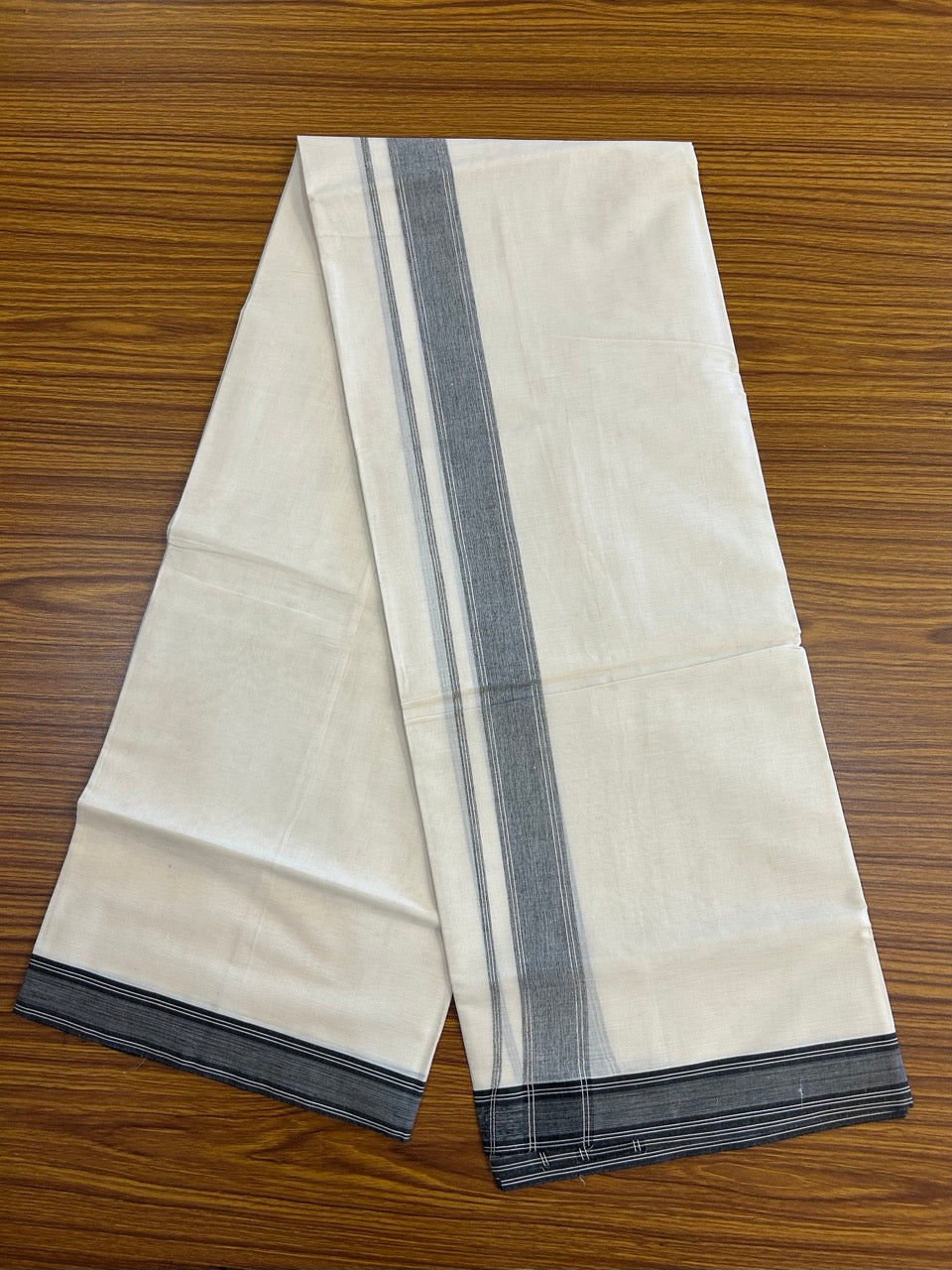 20% Discount ! KaithariKada Balaramapuram 100% Cotton Double OFF WHITE (unbleached) Mundu/Dhoti- 100x80- 1.5 inch Silver Kasavu & Black Striped Kara 4 mtr (8.5 muzham) - 50 KK5251 PMC
