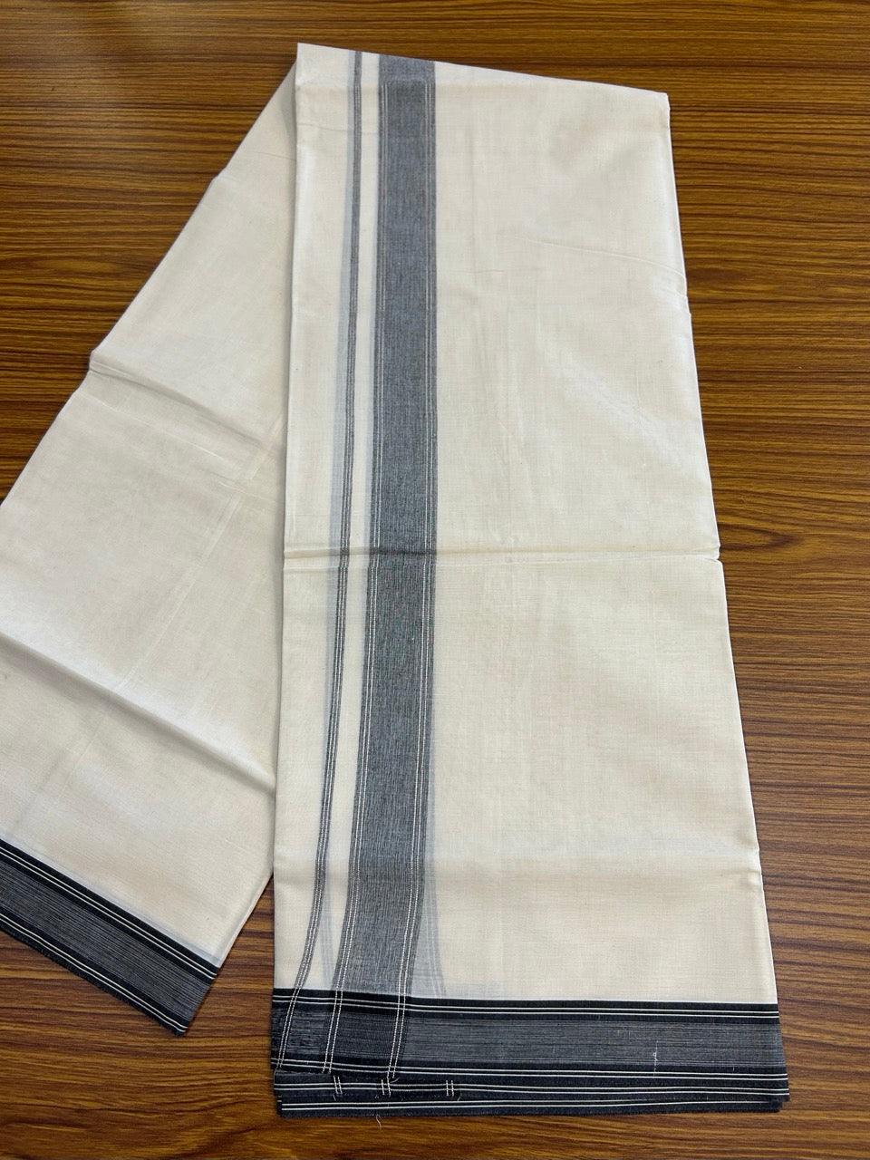 20% Discount ! KaithariKada Balaramapuram 100% Cotton Double OFF WHITE (unbleached) Mundu/Dhoti- 100x80- 1.5 inch Silver Kasavu & Black Striped Kara 4 mtr (8.5 muzham) - 50 KK5251 PMC