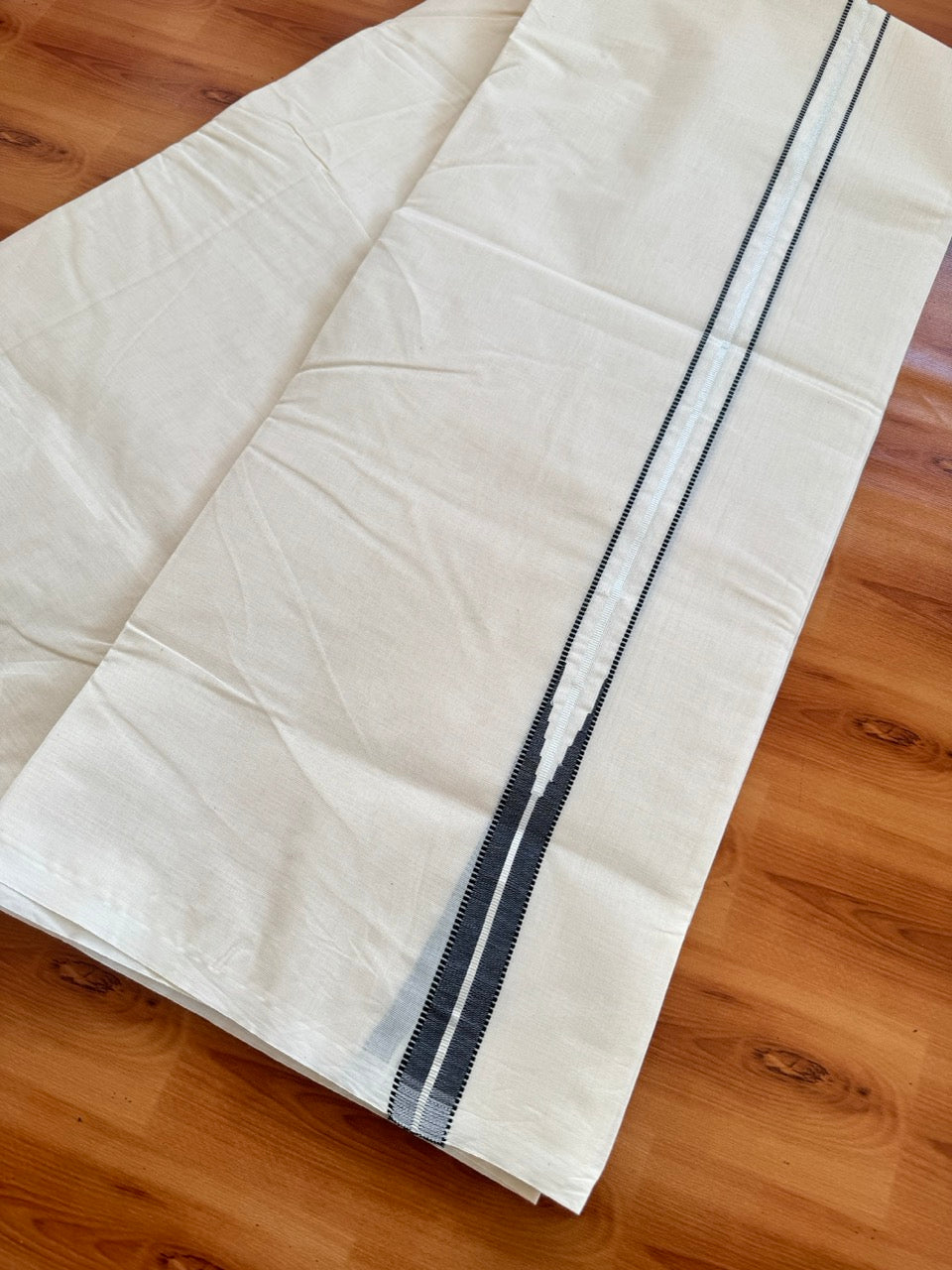 Double Off white Kerala Mundu / Dhoti - 20% Discount! KaithariKada 100% Cotton - 100x100 - Muthukuri Black Chutty & Silver Kasav kara 4 mtr (8.5 muzham) - 15 KK5486 ASH