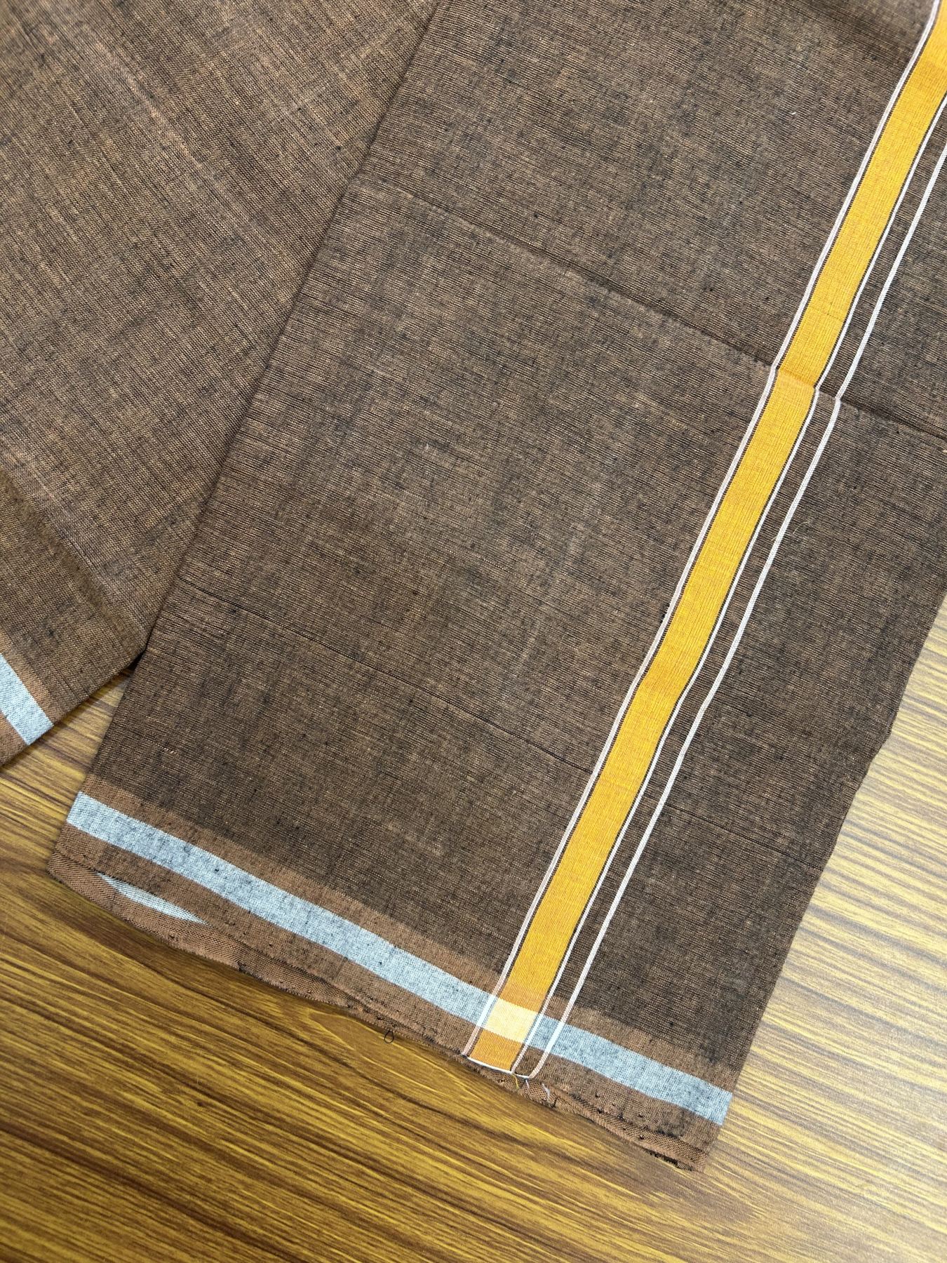 Handloom Single Hallmarked - 10% Discount ! KaithariKada 100% Pure Cotton - Mundu/Dhoti 0.5 inch Orange Shaded kara with Brown colour Body - (2 meter / 4 muzham) - 23 KK5318 ELA
