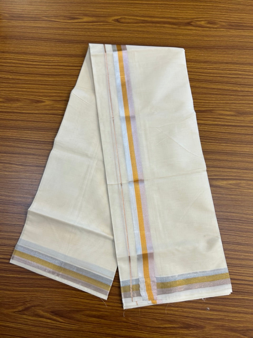 14% Discount ! KaithariKada Balaramapuram Double Off White - (Ubleached) Mundu/Dhoti - Cotton mix 80x72 - 1.5 inch Silver Gold & Rose Pink Kasavu Stripes Kara 4 mtr (8.5 muzham) - 51 KK5251 PMC