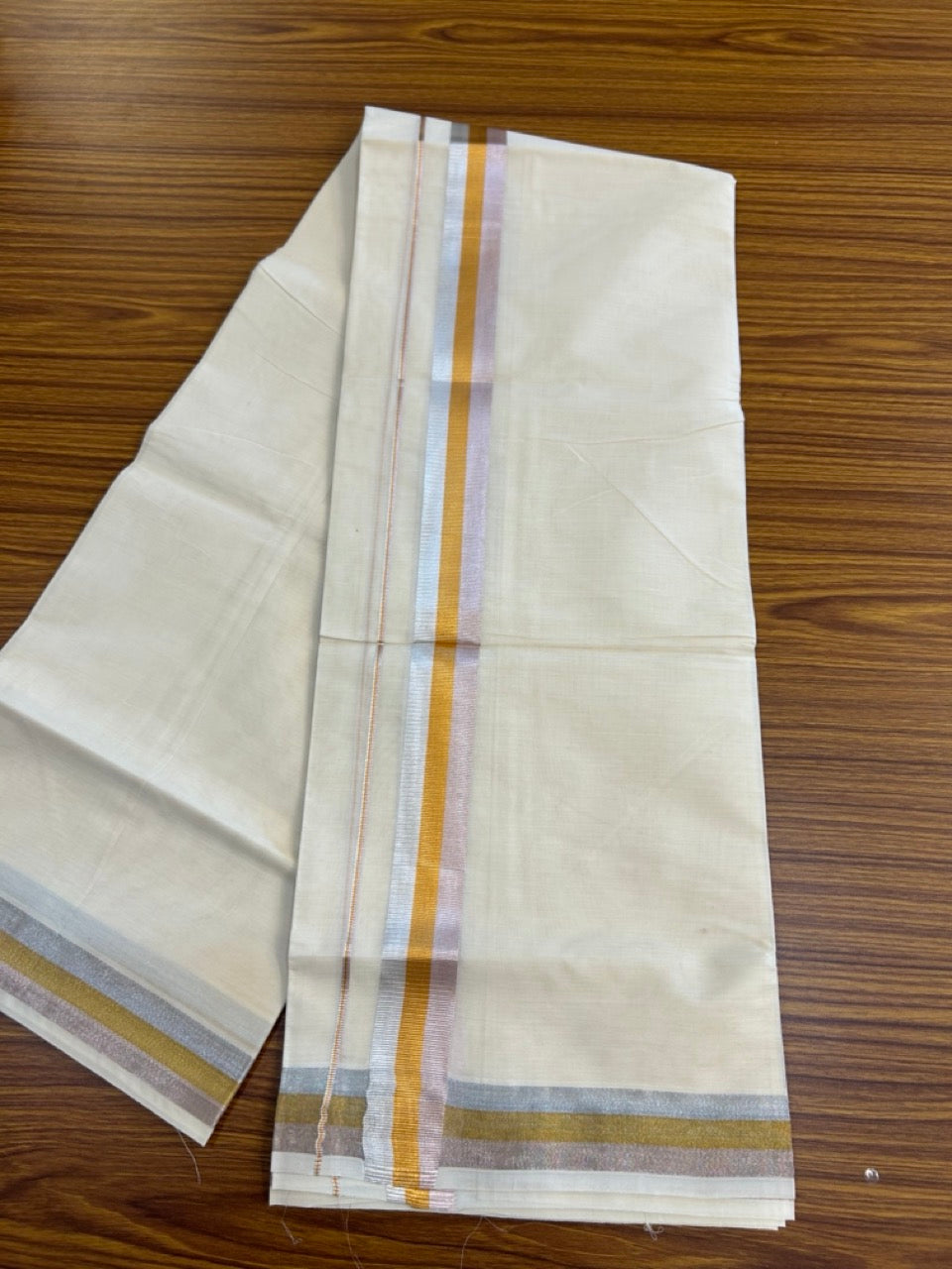 14% Discount ! KaithariKada Balaramapuram Double Off White - (Ubleached) Mundu/Dhoti - Cotton mix 80x72 - 1.5 inch Silver Gold & Rose Pink Kasavu Stripes Kara 4 mtr (8.5 muzham) - 51 KK5251 PMC