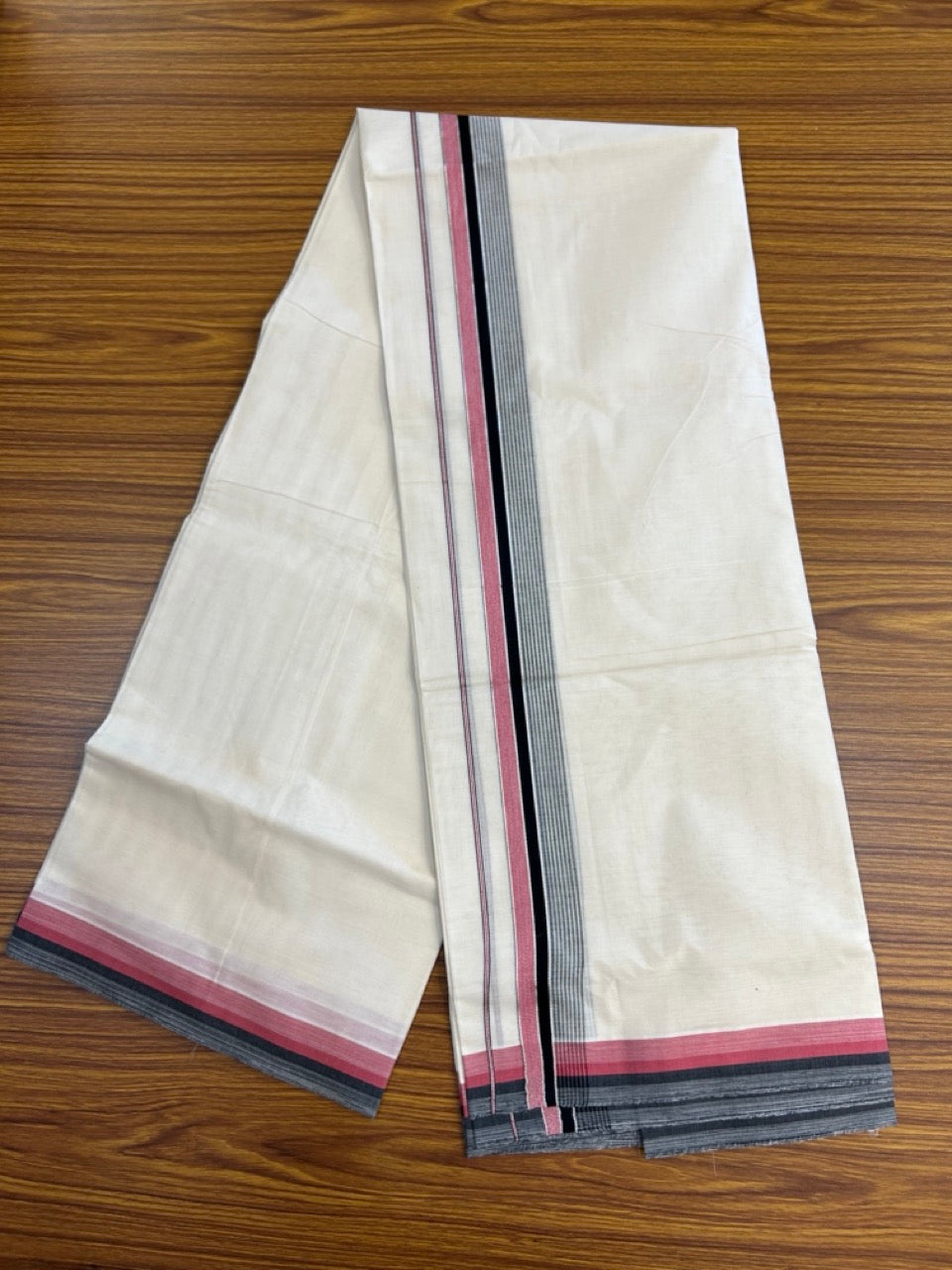 20% Discount! KaithariKada Balaramapuram 100% Cotton Double OFF WHITE (unbleached) Mundu/Dhoti- 100x80- 1.5 inch Silver Kasavu Maroon & Black Shaded striped Kara 4 mtr (8.5 muzham) - 52 KK5251 PMC