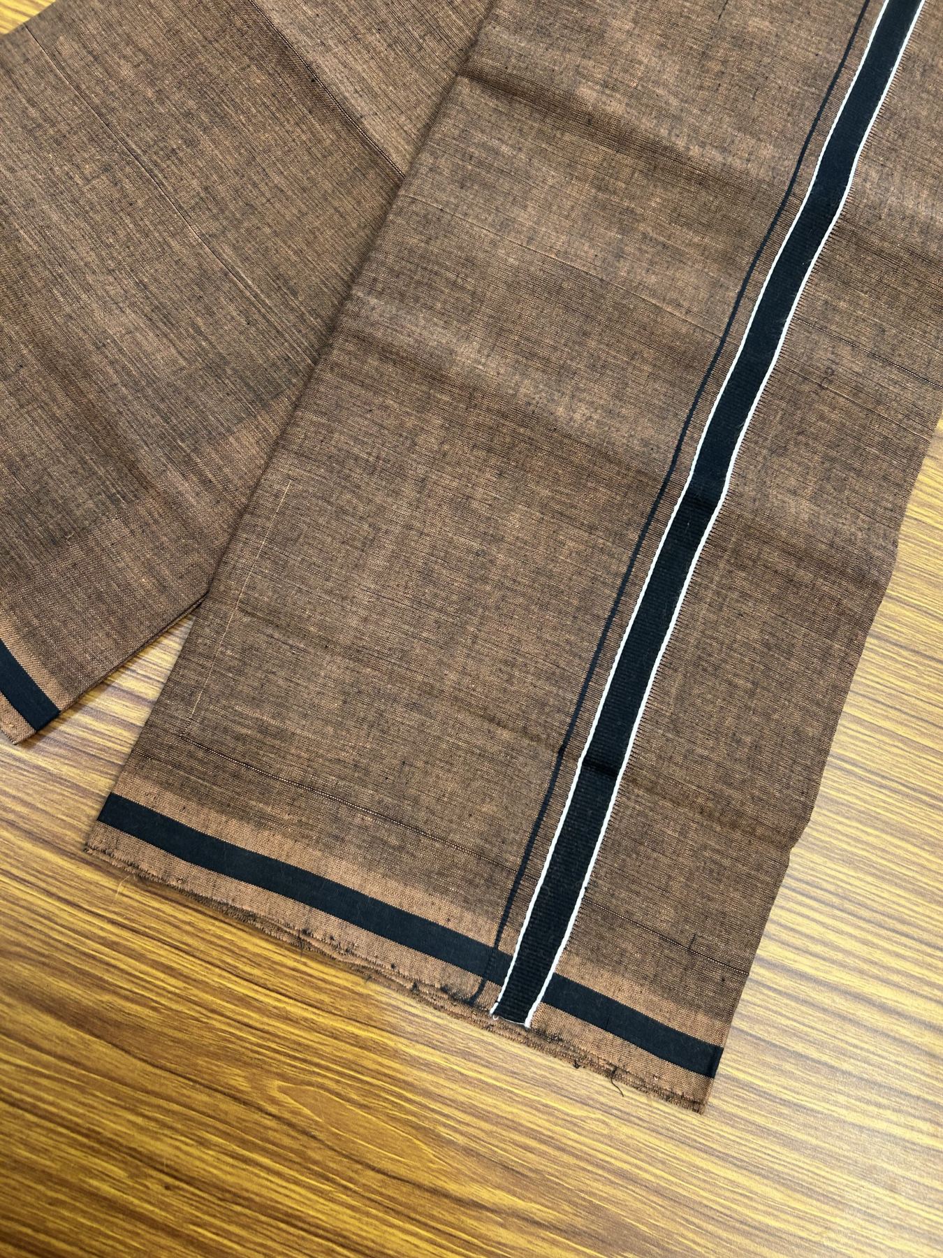 Handloom Single Hallmarked - 10% Discount ! KaithariKada 100% Pure Cotton - Mundu/Dhoti 0.5 inch Black kara with Brown colour Body - (2 meter / 4 muzham) - 24 KK5318 ELA