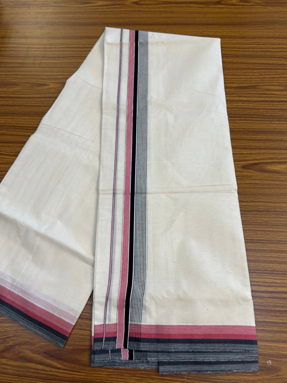 20% Discount! KaithariKada Balaramapuram 100% Cotton Double OFF WHITE (unbleached) Mundu/Dhoti- 100x80- 1.5 inch Silver Kasavu Maroon & Black Shaded striped Kara 4 mtr (8.5 muzham) - 52 KK5251 PMC