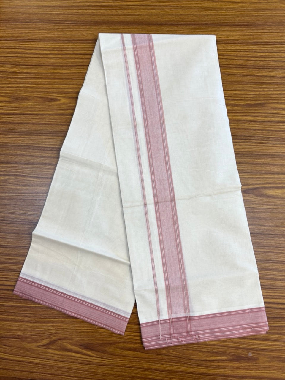 20% Discount! KaithariKada Balaramapuram 100% Cotton Double OFF WHITE (unbleached) Mundu/Dhoti- 100x80- 1.75 inch Silver Kasavu & Dusty Pink Shaded striped Kara 4 mtr (8.5 muzham) - 53 KK5251 PMC