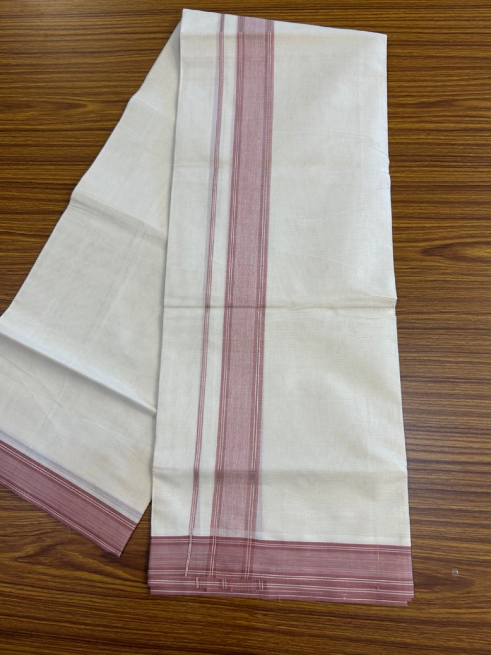 20% Discount! KaithariKada Balaramapuram 100% Cotton Double OFF WHITE (unbleached) Mundu/Dhoti- 100x80- 1.75 inch Silver Kasavu & Dusty Pink Shaded striped Kara 4 mtr (8.5 muzham) - 53 KK5251 PMC