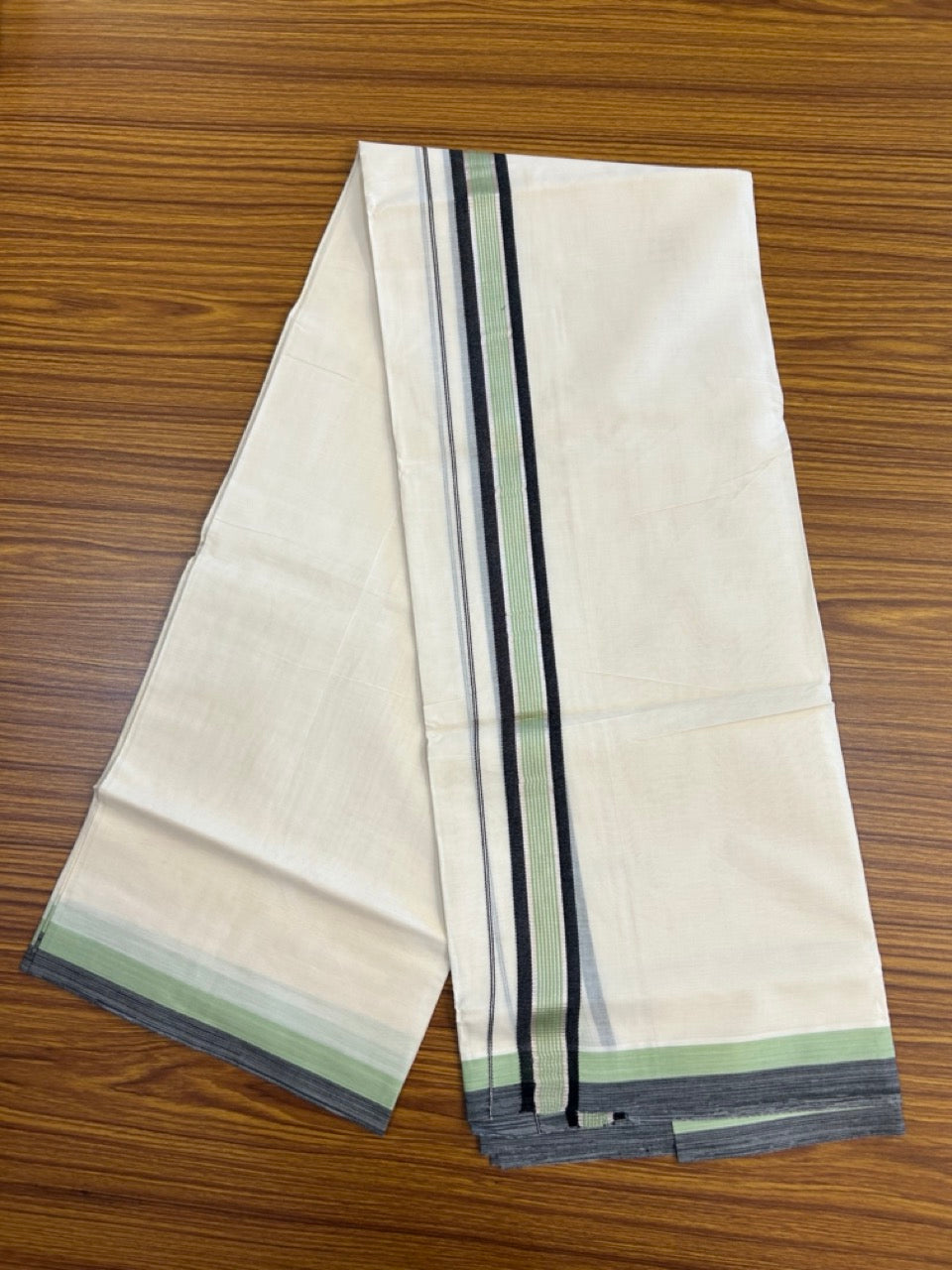 20% Discount! KaithariKada Balaramapuram 100% Cotton Double OFF WHITE (unbleached) Mundu/Dhoti- 100x80- 1.5 inch Silver Kasavu Black & Pista Green striped Kara 4 mtr (8.5 muzham) - 71 KK5251 PMC