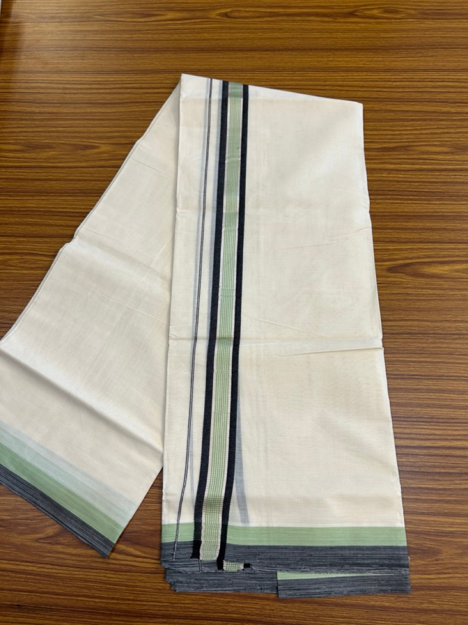 20% Discount! KaithariKada Balaramapuram 100% Cotton Double OFF WHITE (unbleached) Mundu/Dhoti- 100x80- 1.5 inch Silver Kasavu Black & Pista Green striped Kara 4 mtr (8.5 muzham) - 71 KK5251 PMC