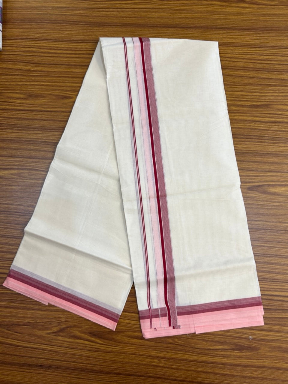 20% Discount! KaithariKada Balaramapuram 100% Cotton Double OFF WHITE (unbleached) Mundu/Dhoti- 100x80- 1.5 inch Silver Kasavu Pink & Maroon Stripes Shaded Kara 4 mtr (8.5 muzham) - 57 KK5251 PMC