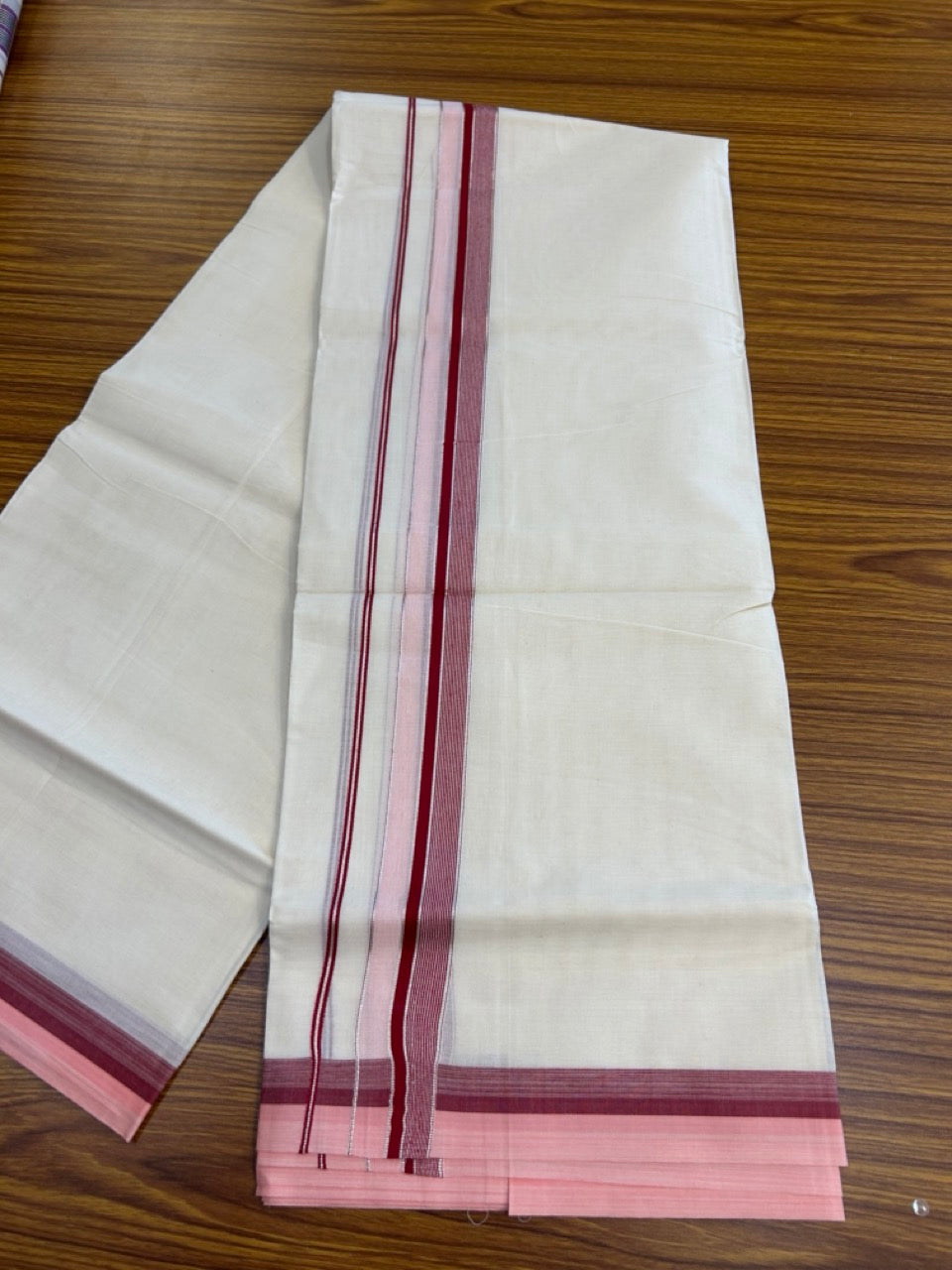 20% Discount! KaithariKada Balaramapuram 100% Cotton Double OFF WHITE (unbleached) Mundu/Dhoti- 100x80- 1.5 inch Silver Kasavu Pink & Maroon Stripes Shaded Kara 4 mtr (8.5 muzham) - 57 KK5251 PMC