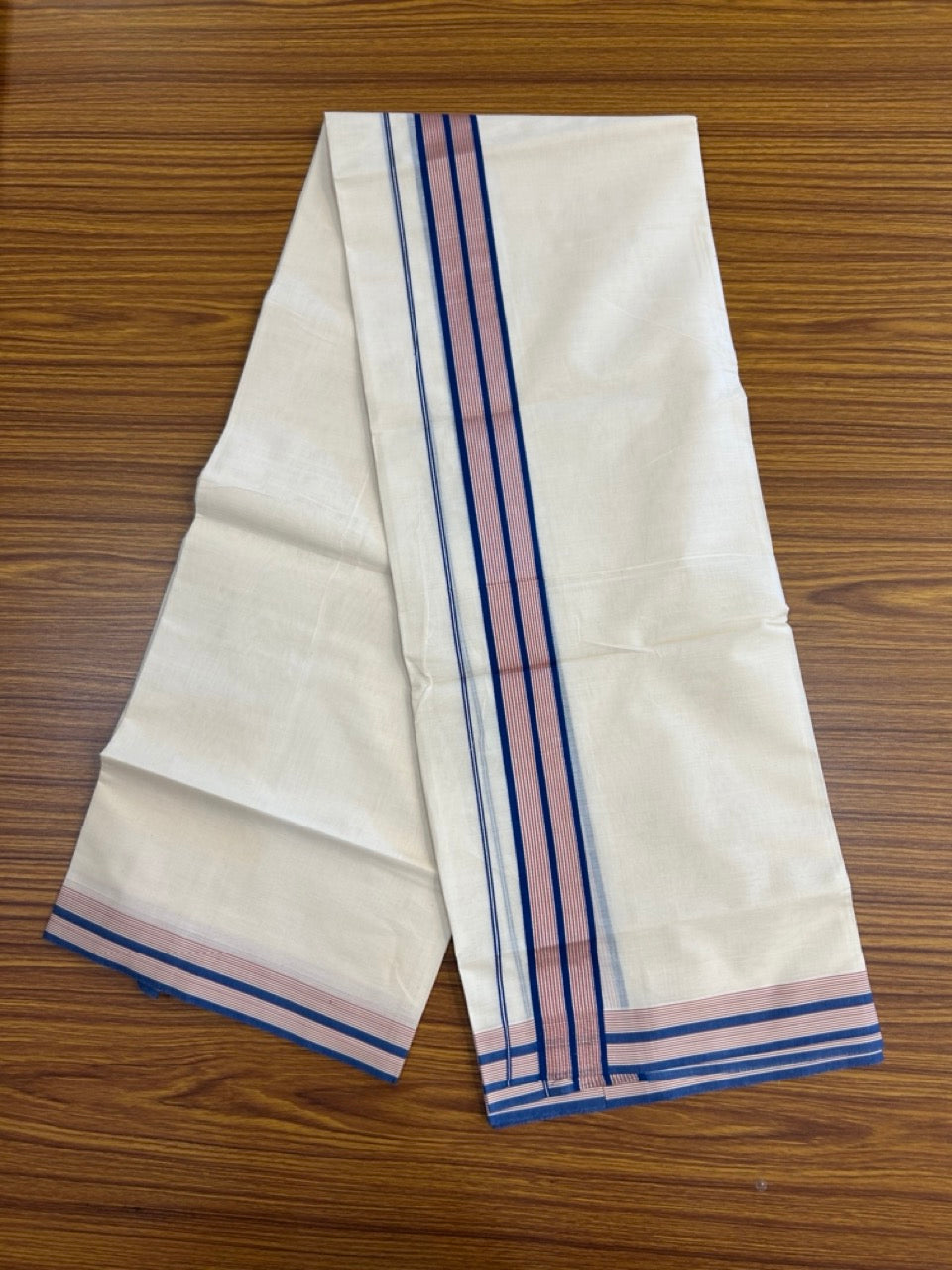 20% Discount! KaithariKada Balaramapuram 100% Cotton Double OFF WHITE (unbleached) Mundu/Dhoti- 100x80- 1.5 inch Silver Kasavu Blue & Onion Pink striped Kara 4 mtr (8.5 muzham) - 68 KK5251 PMC