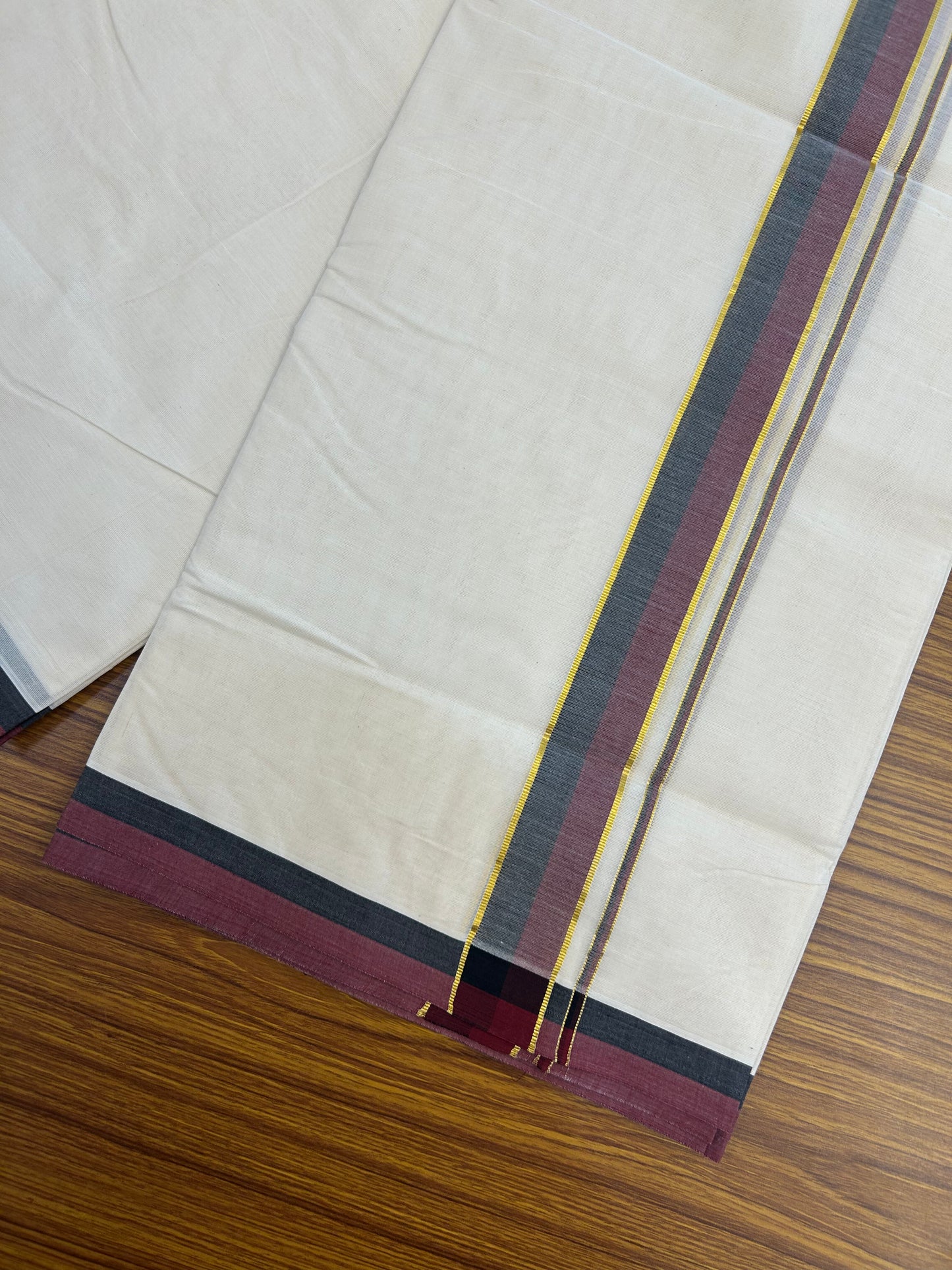 Dmk Veshti - 20% Discount! KaithariKada 100% Cotton Off White Double - (Unbleached) Mundu/Dhoti - 100X100 - 1.25 inch Gold Kasav Black & Maroon kara - 4.5 mtr ( 10 muzham) - 1 KK5351 ASH