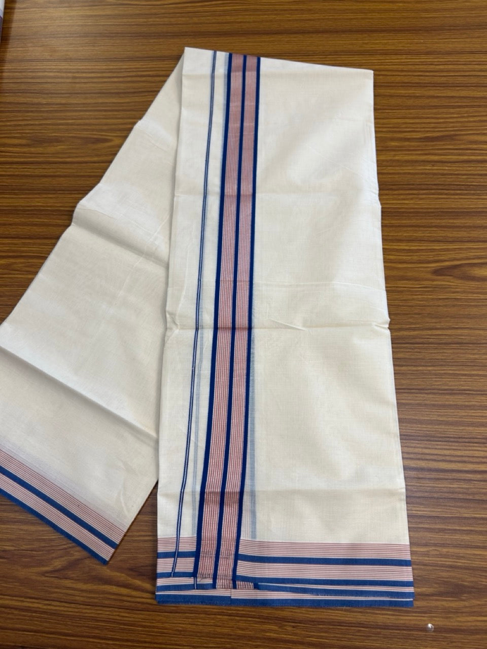 20% Discount! KaithariKada Balaramapuram 100% Cotton Double OFF WHITE (unbleached) Mundu/Dhoti- 100x80- 1.5 inch Silver Kasavu Blue & Onion Pink striped Kara 4 mtr (8.5 muzham) - 68 KK5251 PMC
