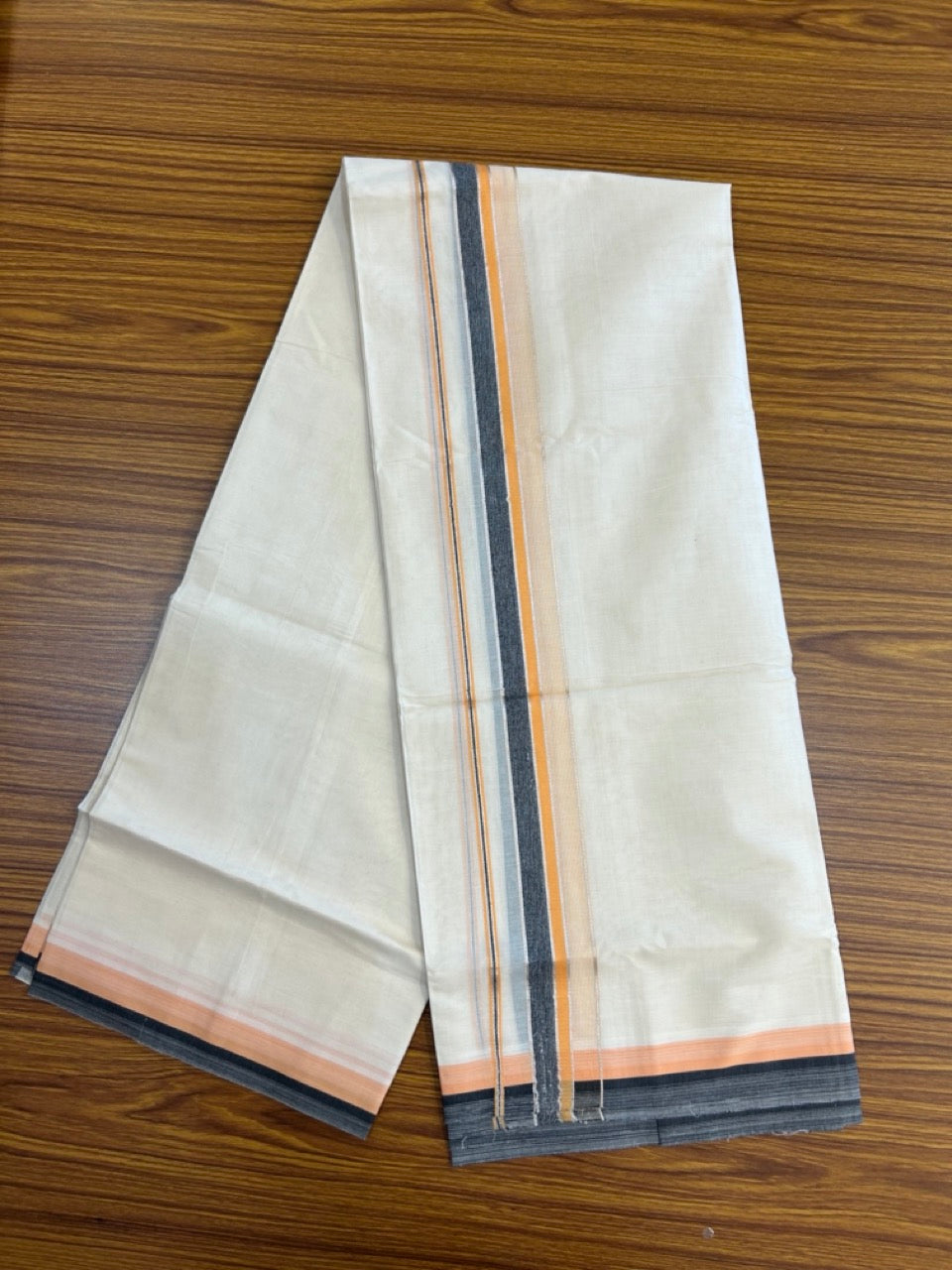 20% Discount! KaithariKada Balaramapuram 100% Cotton Double OFF WHITE (unbleached) Mundu/Dhoti- 100x80- 1.5 inch Silver Kasavu Orange Peach & Black Shaded striped Kara 4 mtr (8.5 muzham) - 58 KK5251 PMC