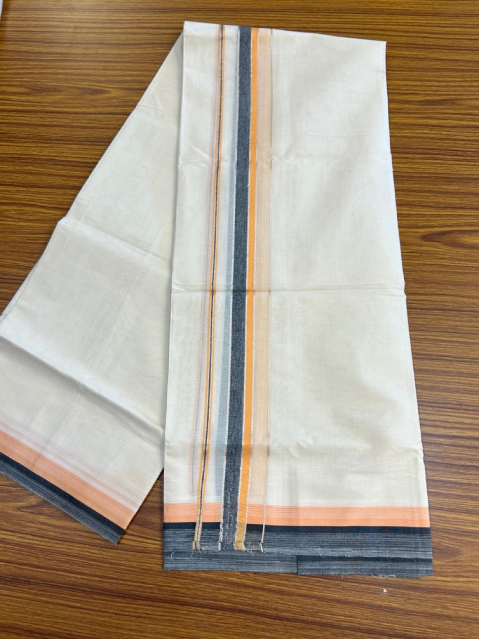 20% Discount! KaithariKada Balaramapuram 100% Cotton Double OFF WHITE (unbleached) Mundu/Dhoti- 100x80- 1.5 inch Silver Kasavu Orange Peach & Black Shaded striped Kara 4 mtr (8.5 muzham) - 58 KK5251 PMC