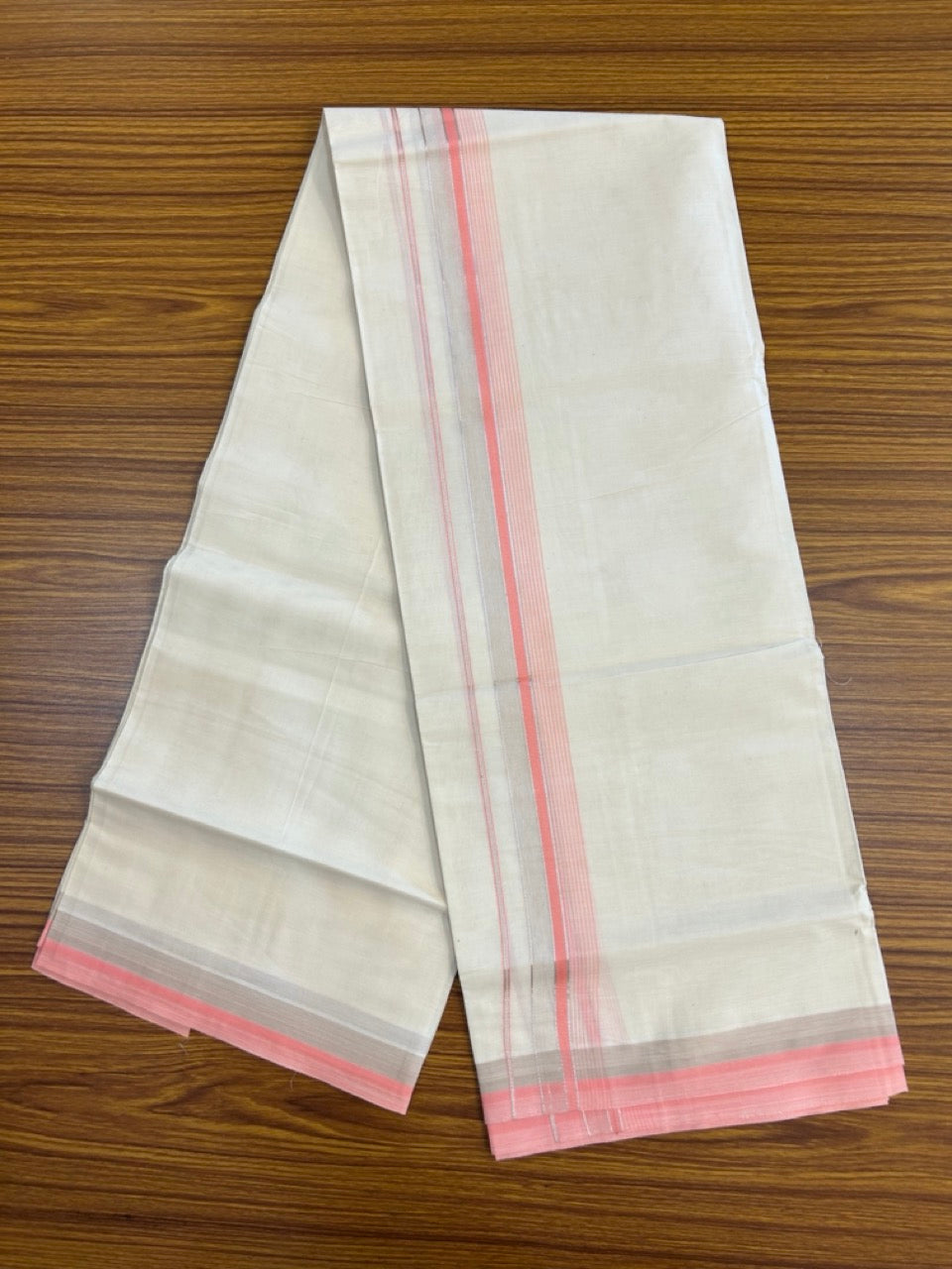 20% Discount! KaithariKada Balaramapuram 100% Cotton Double OFF WHITE (unbleached) Mundu/Dhoti- 100x80- 1.5 inch Silver Kasavu Pink & Cream Shaded striped Kara 4 mtr (8.5 muzham) - 60 KK5251 PMC