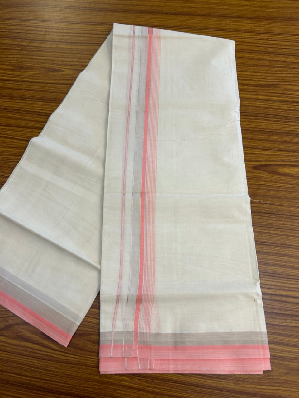 20% Discount! KaithariKada Balaramapuram 100% Cotton Double OFF WHITE (unbleached) Mundu/Dhoti- 100x80- 1.5 inch Silver Kasavu Pink & Cream Shaded striped Kara 4 mtr (8.5 muzham) - 60 KK5251 PMC