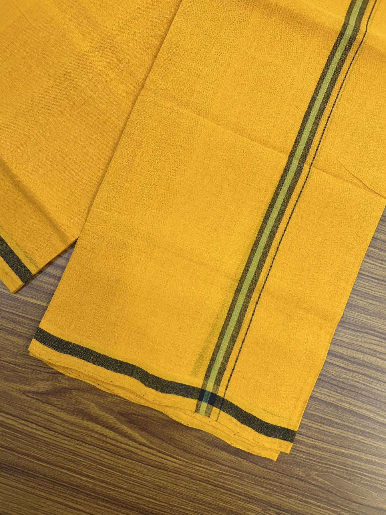Handloom Single Hallmarked - 10% Discount !! KaithariKada 100% Pure Cotton - Mundu/Dhoti 2 cm Black Green Kara with Light Orange colour Body - (2 meter / 4 muzham) - 28 KK5318 ELA