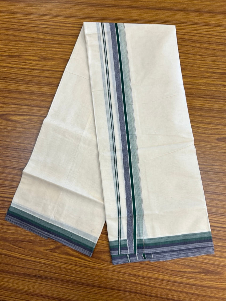 20% Discount! KaithariKada Balaramapuram 100% Cotton Double OFF WHITE (unbleached) Mundu/Dhoti- 100x80- 1.5 inch Silver Kasavu Green & Navy Shaded striped Kara 4 mtr (8.5 muzham) - 62 KK5251 PMC