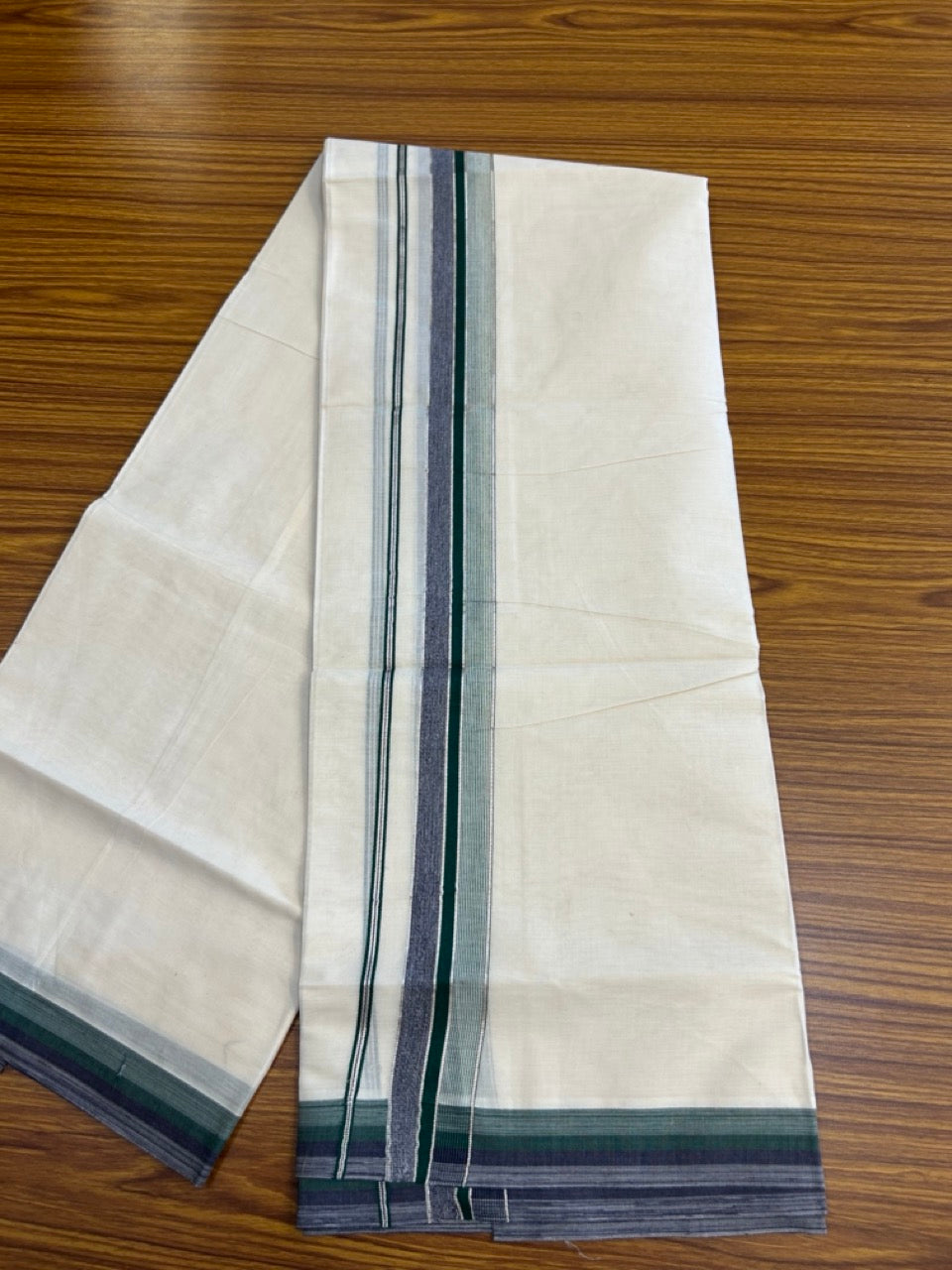 20% Discount! KaithariKada Balaramapuram 100% Cotton Double OFF WHITE (unbleached) Mundu/Dhoti- 100x80- 1.5 inch Silver Kasavu Green & Navy Shaded striped Kara 4 mtr (8.5 muzham) - 62 KK5251 PMC